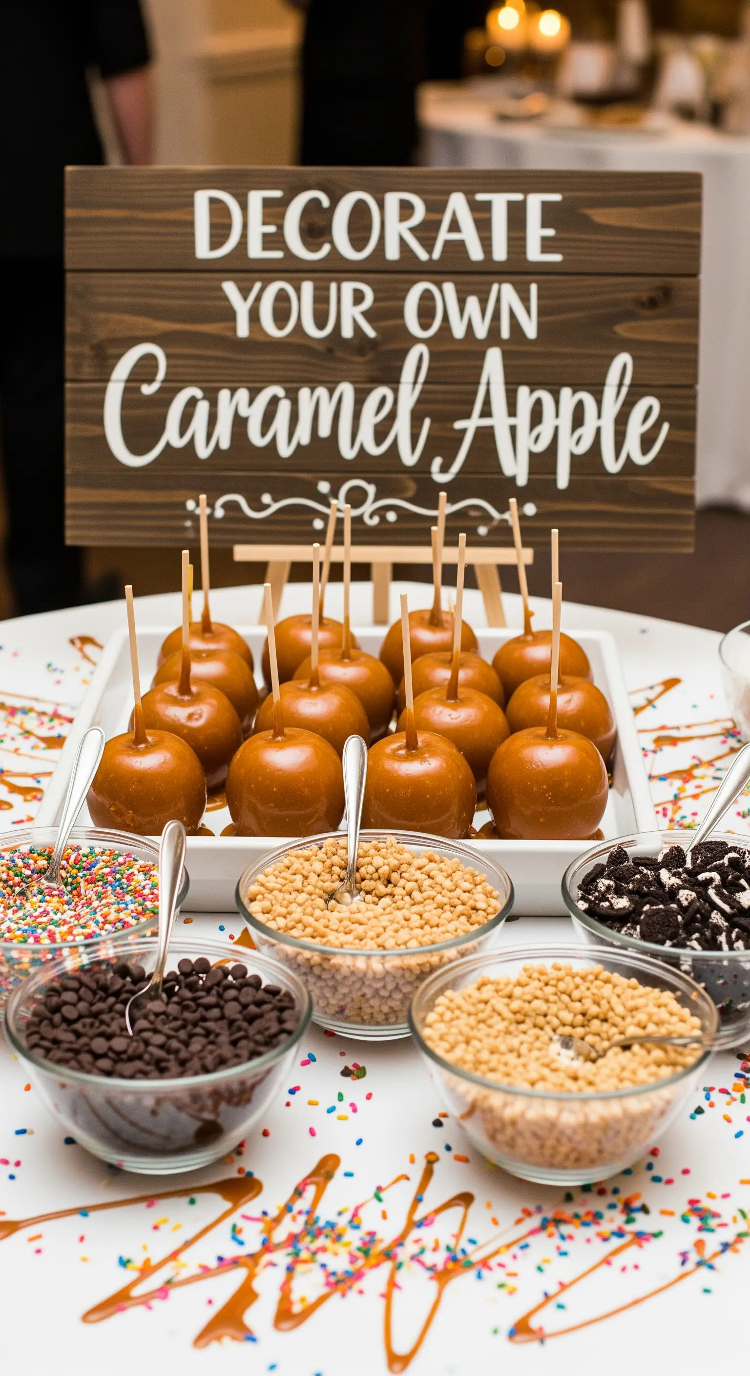 Stazione fai-da-te per decorare mele caramellate con ciotole di topping colorati.