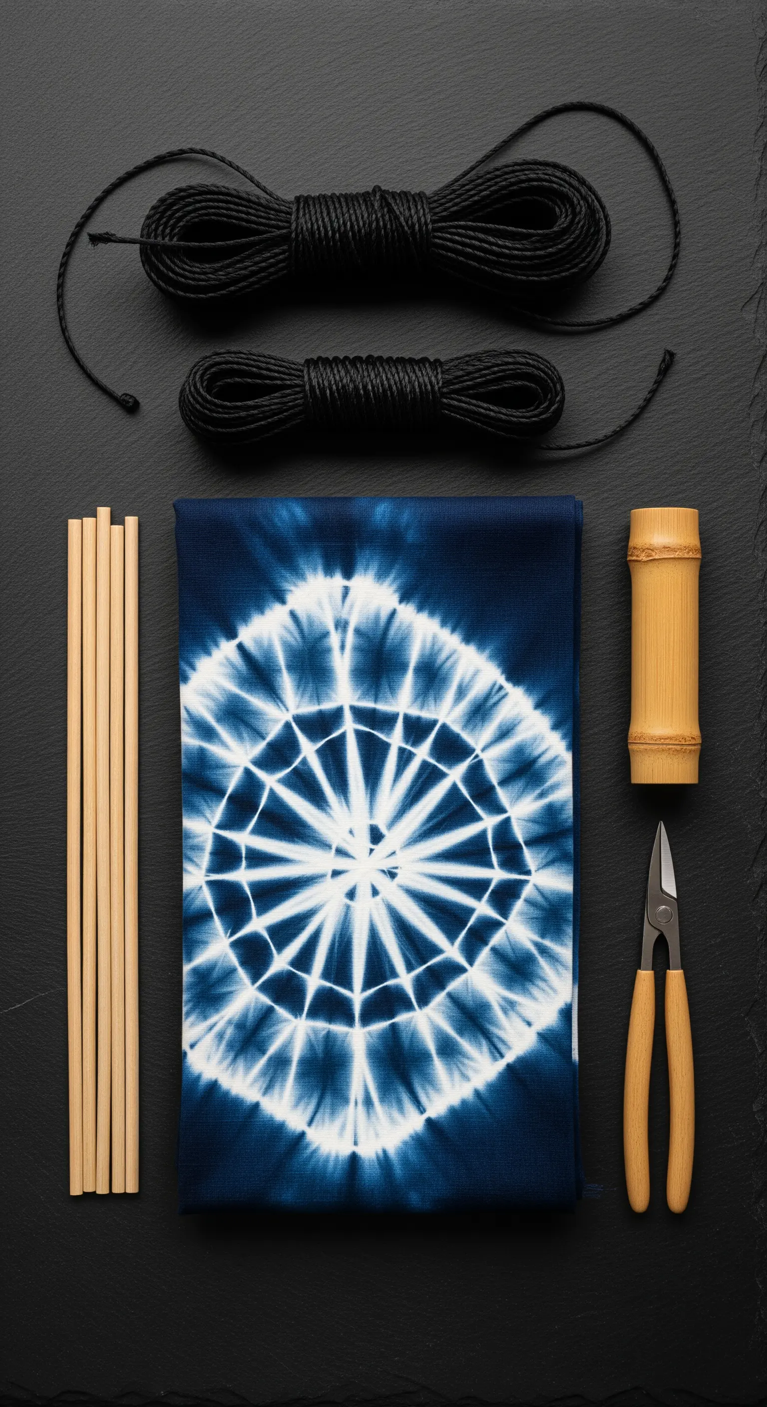 Kit fai-da-te per tenda shibori con tessuto tinto, corde nere e bastoncini di bambù.