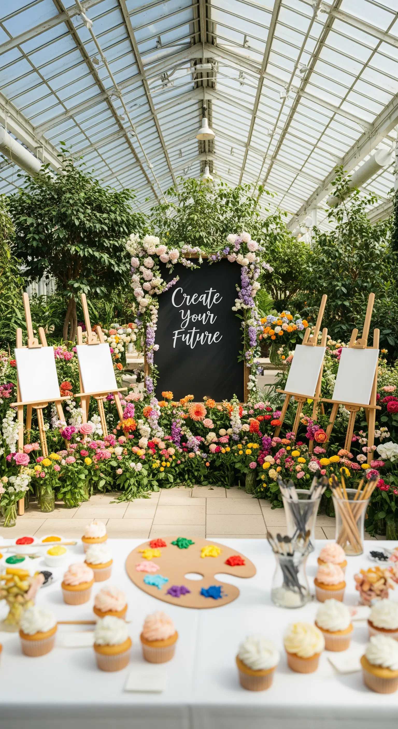 Festa creativa in una serra, con lavagna incorniciata da fiori e postazioni per dipingere.