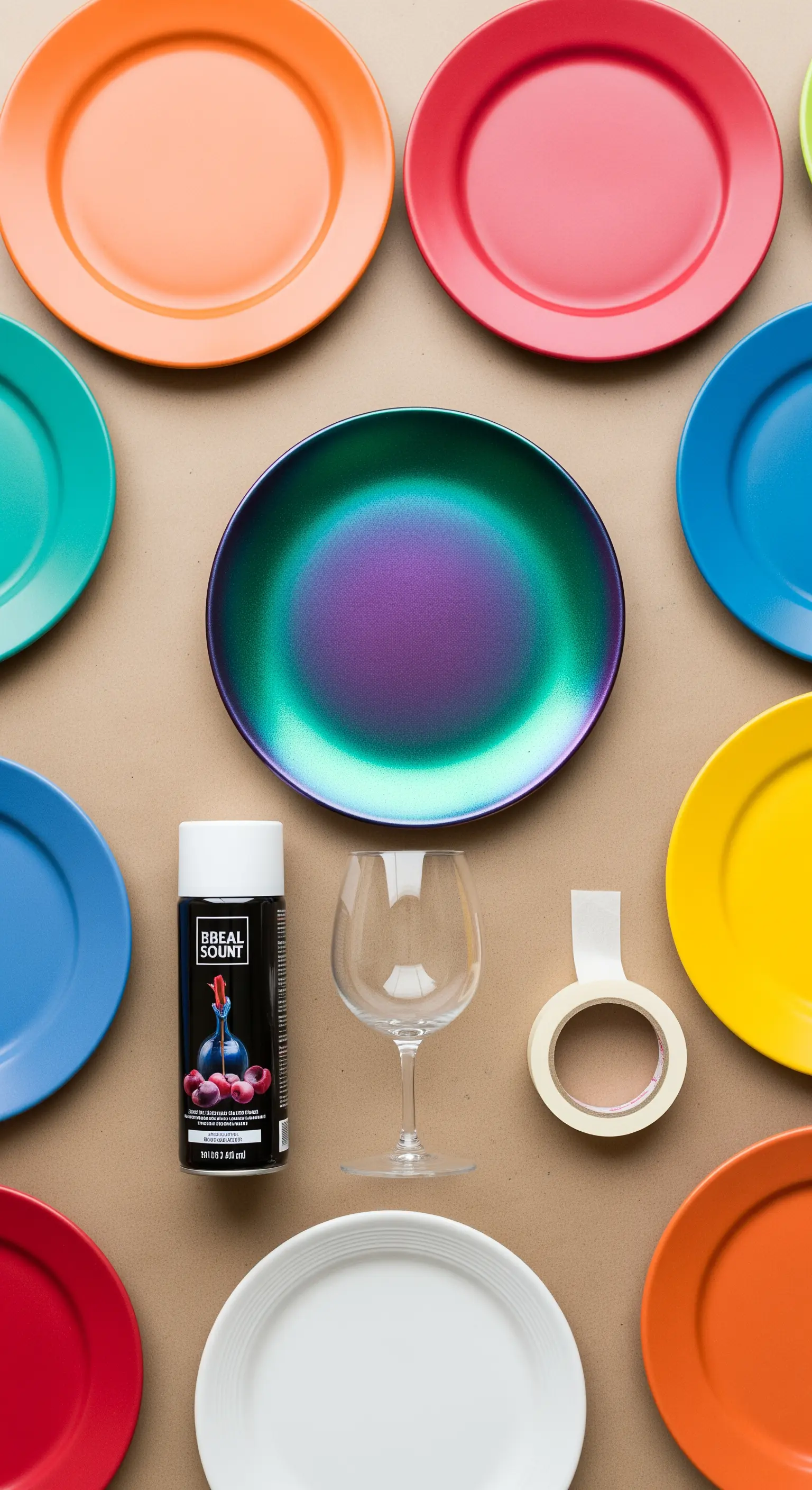 Materiali per un'alzata fai-da-te: piatti colorati, calice, vernice spray e nastro adesivo