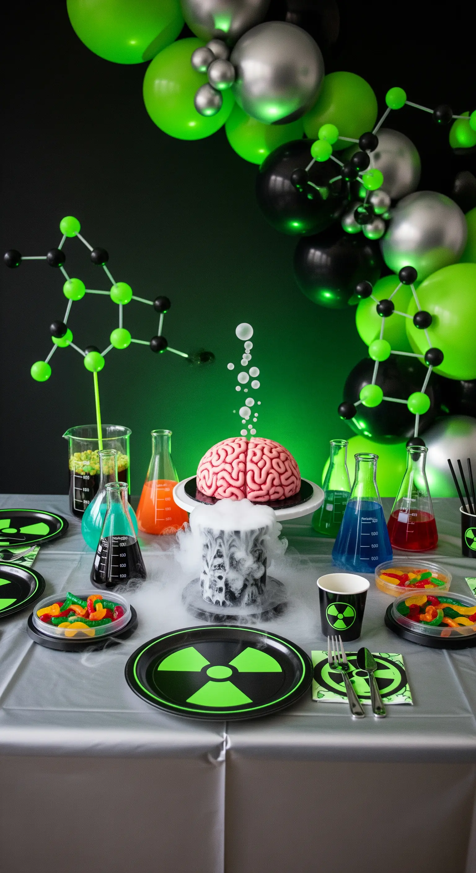 Festa a tema scienziato pazzo con torta a cervello, becher colorati e fumo scenografico.