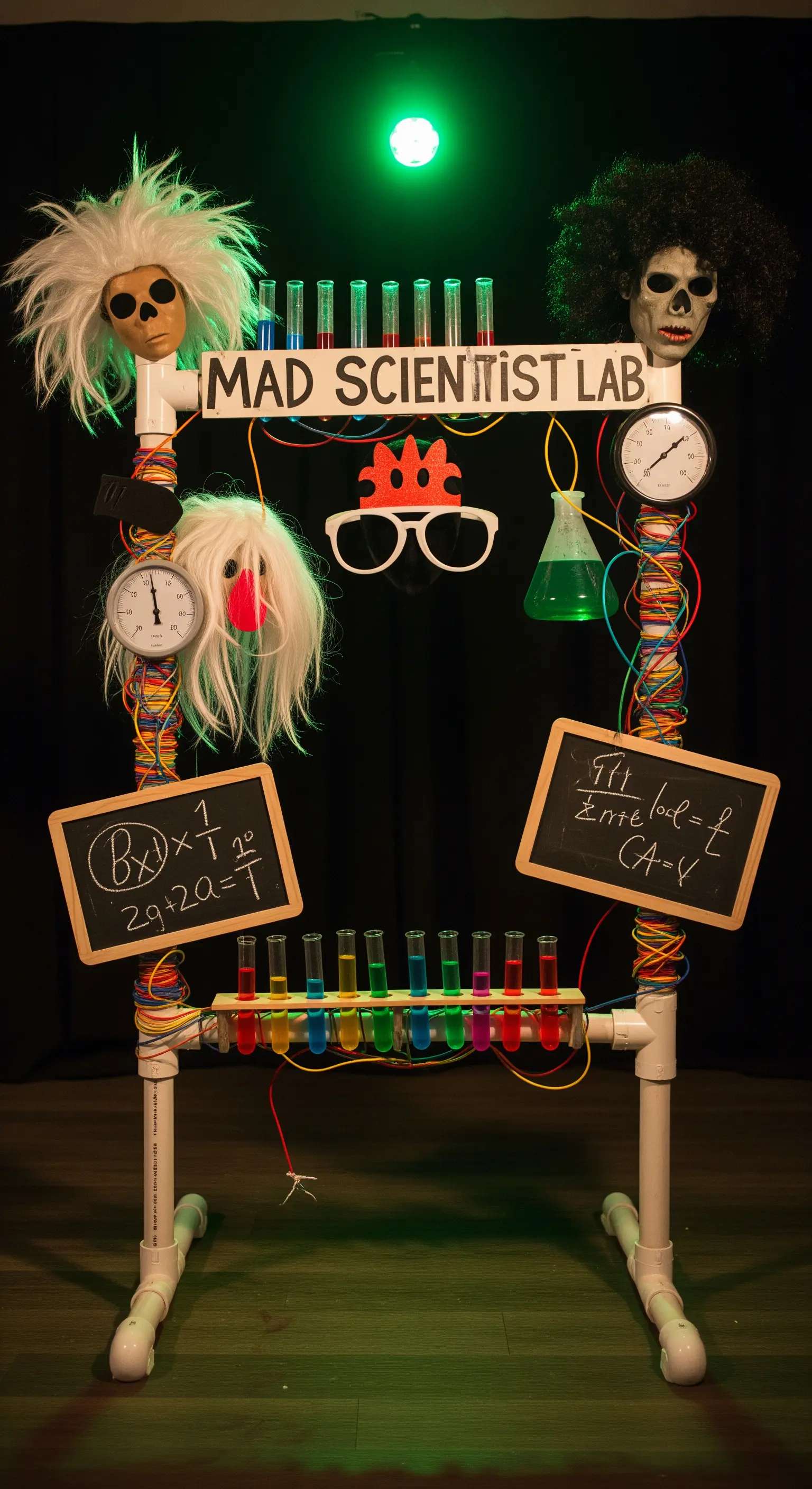 Struttura in PVC decorata come un laboratorio di scienziato pazzo con provette e parrucche.