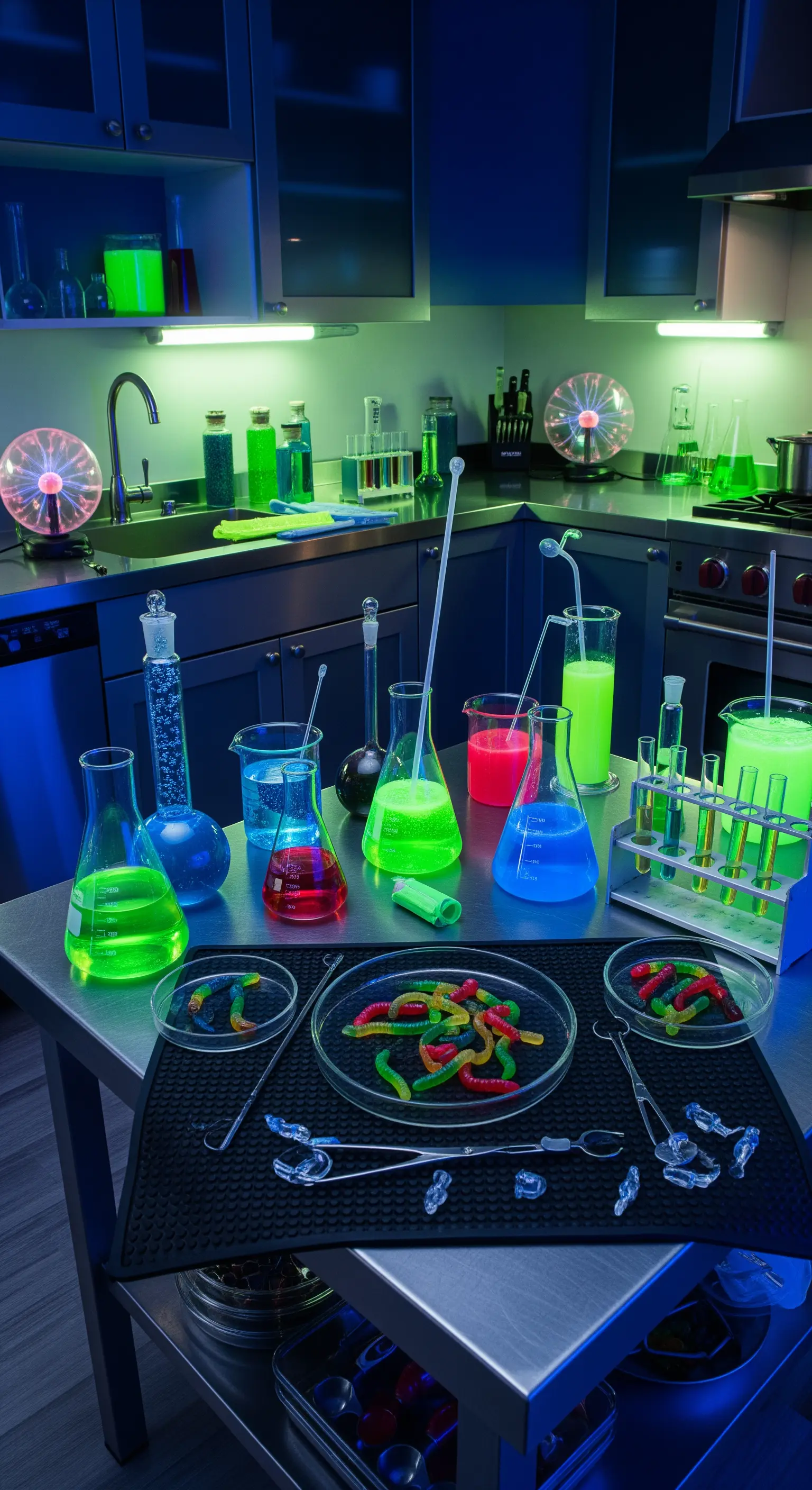 Cucina allestita come un laboratorio scientifico con becher pieni di liquidi colorati e fluorescenti.