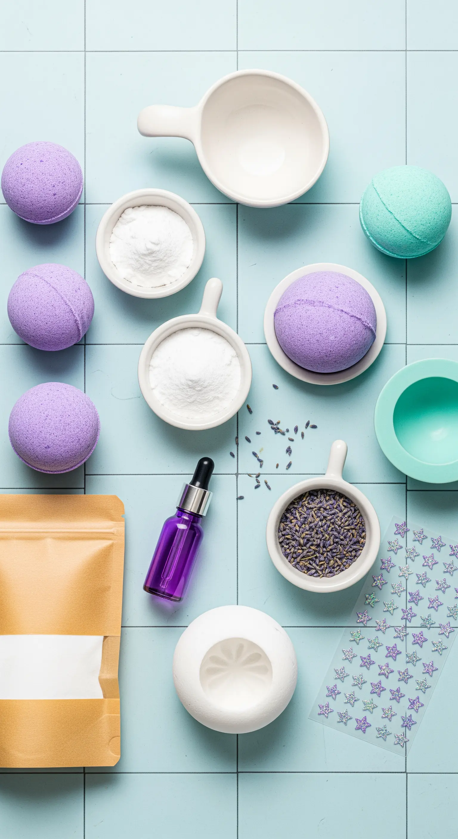 Kit per creare bombe da bagno fai-da-te con lavanda e stampini.