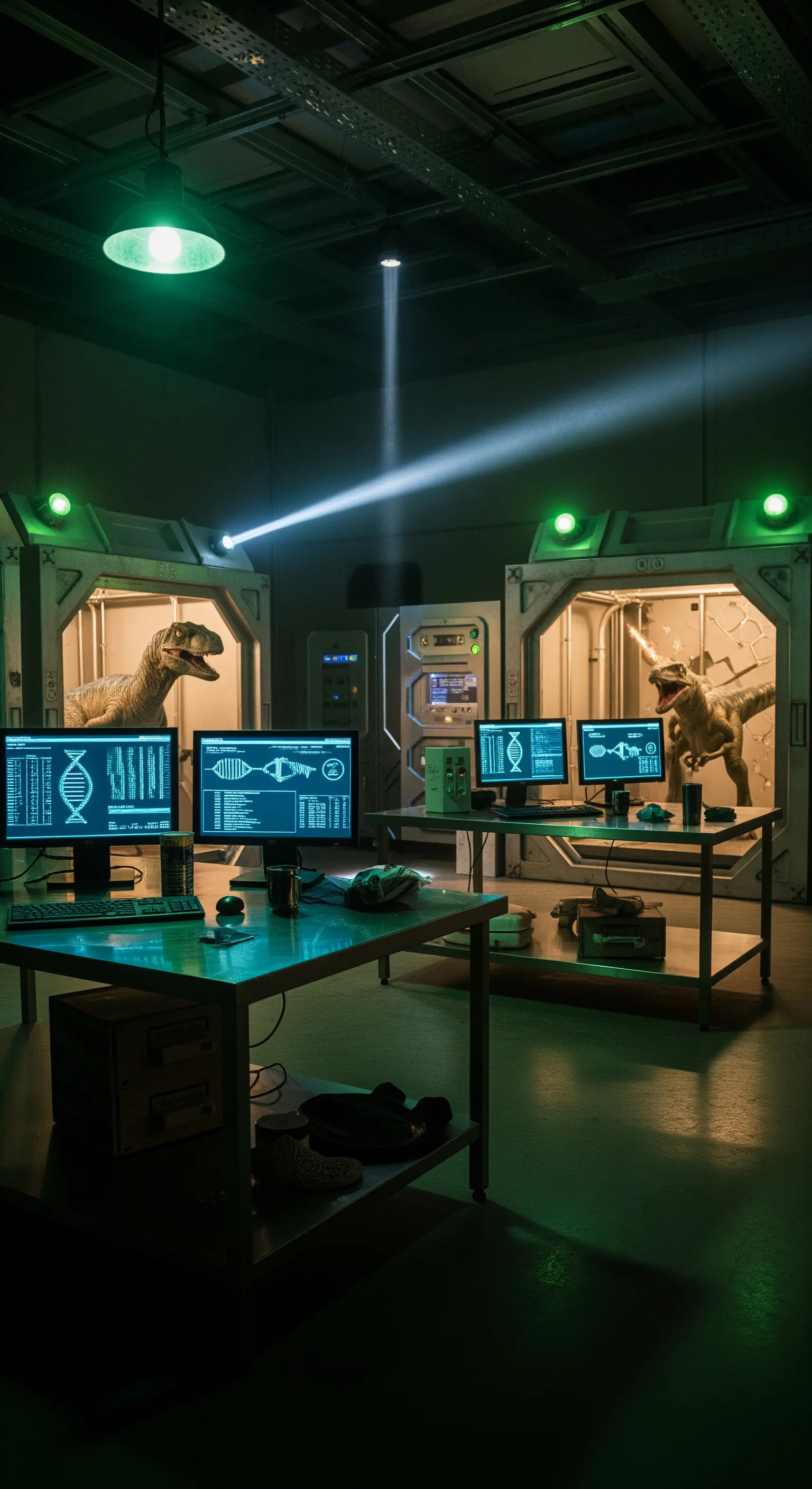 Allestimento di un laboratorio scientifico con dinosauri in gabbie e schermi di computer.