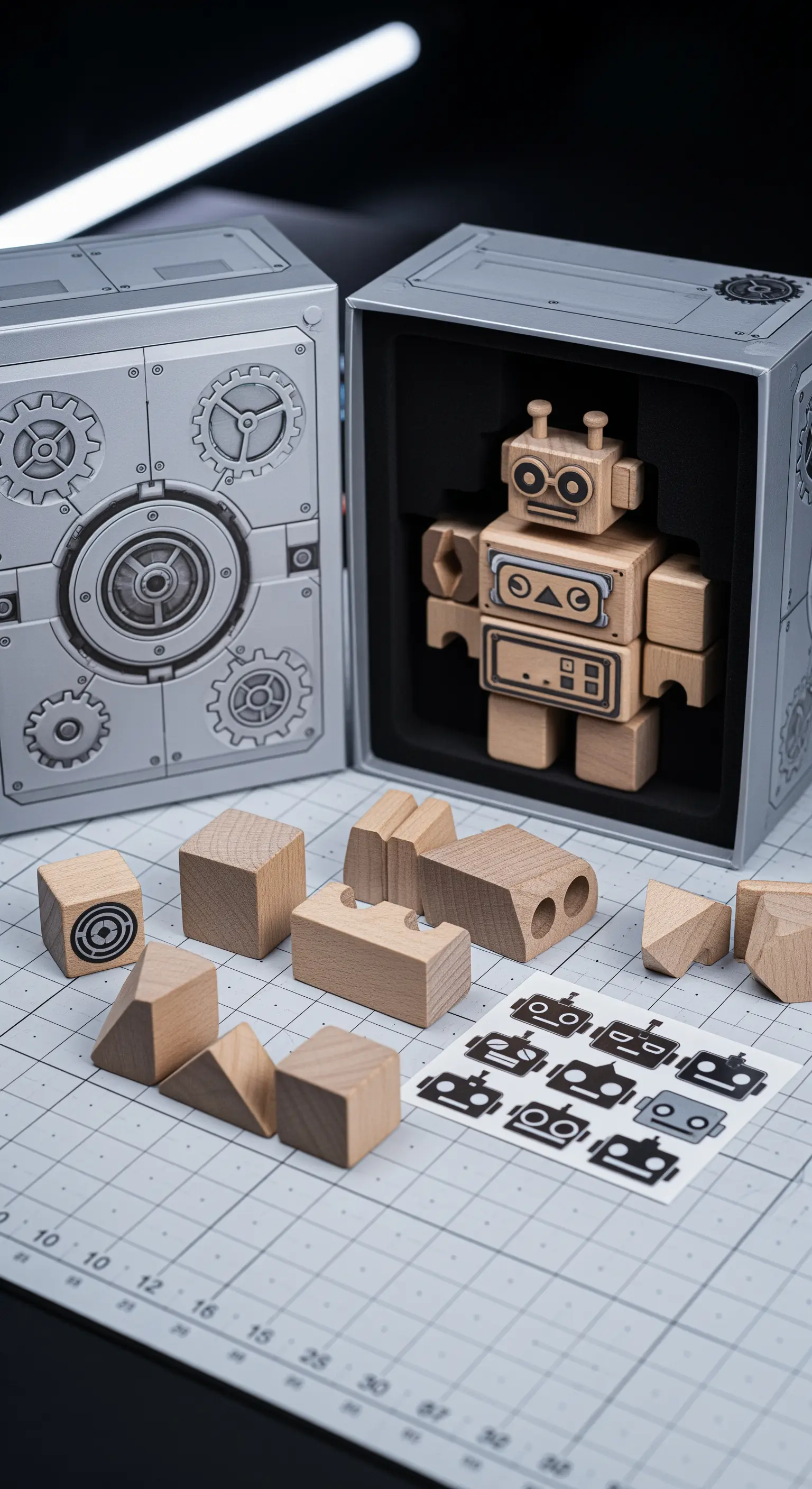 Kit per costruire un robot di legno con blocchi e adesivi in una scatola a tema tecnologico.