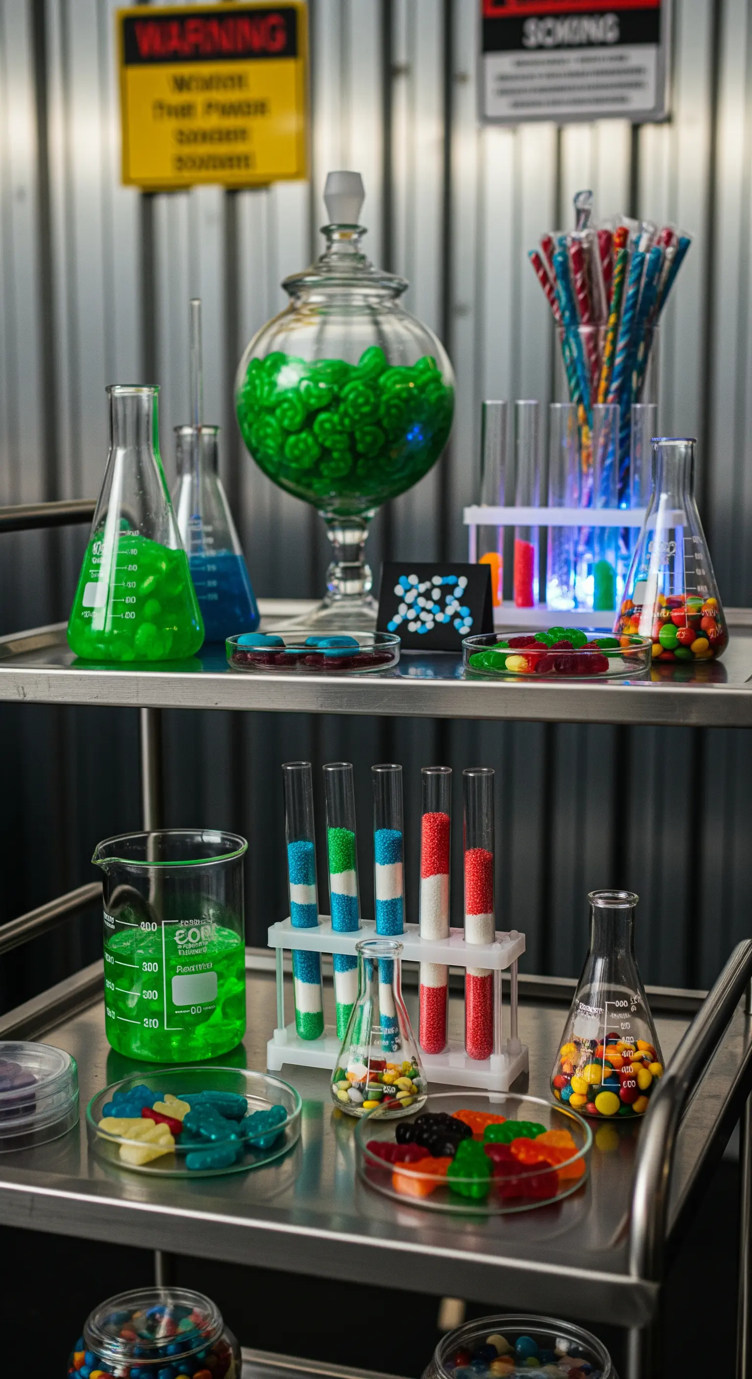 Candy bar a tema laboratorio scientifico con caramelle in becher, provette e matracci