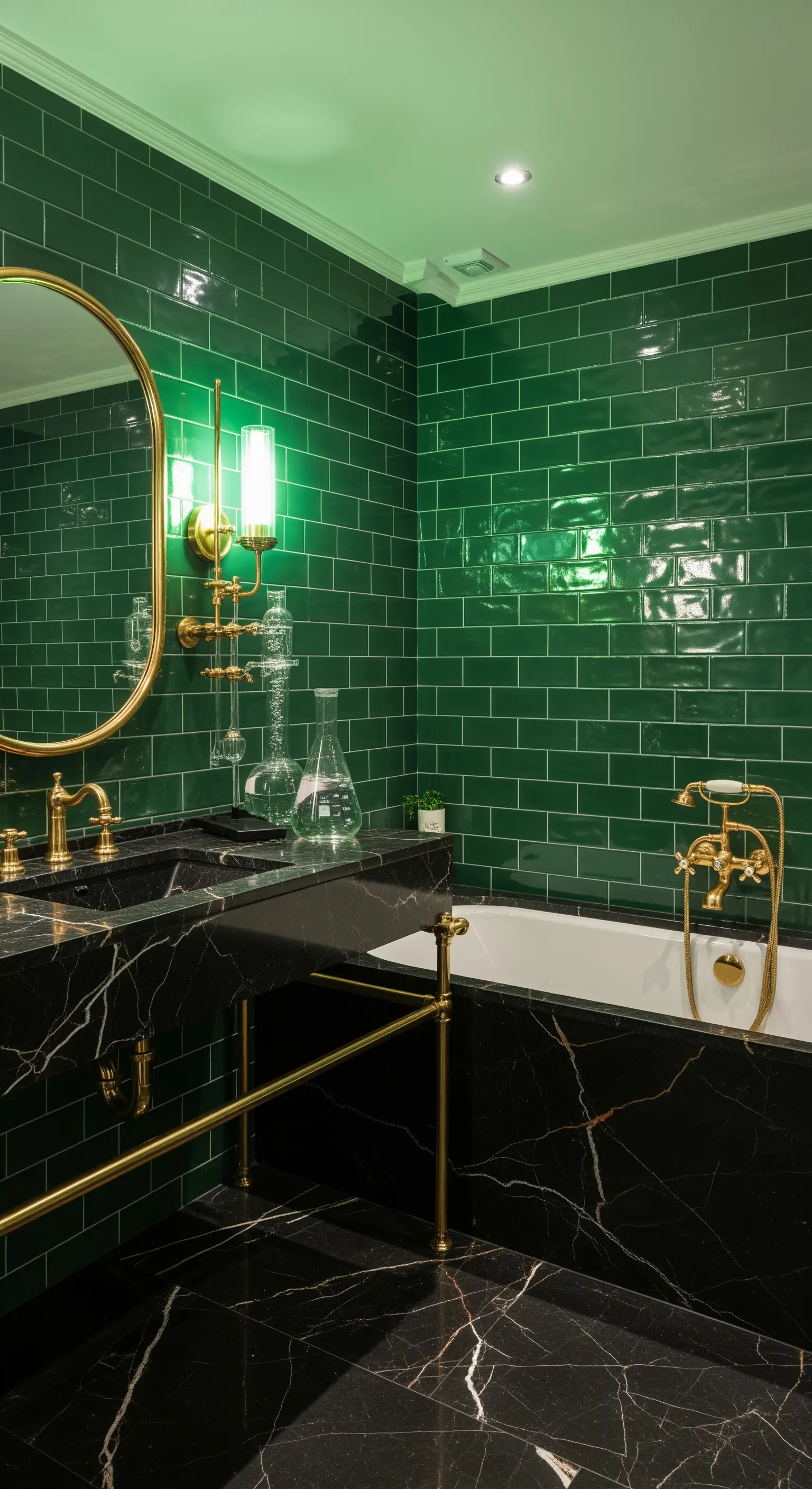 Bagno moderno con piastrelle verdi, marmo nero e rubinetteria dorata