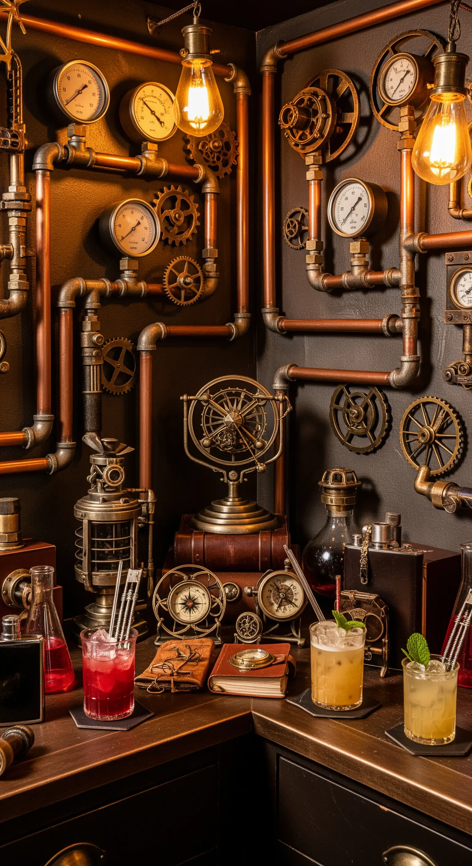 Angolo bar in stile steampunk con tubi di rame, ingranaggi e lampadine Edison.