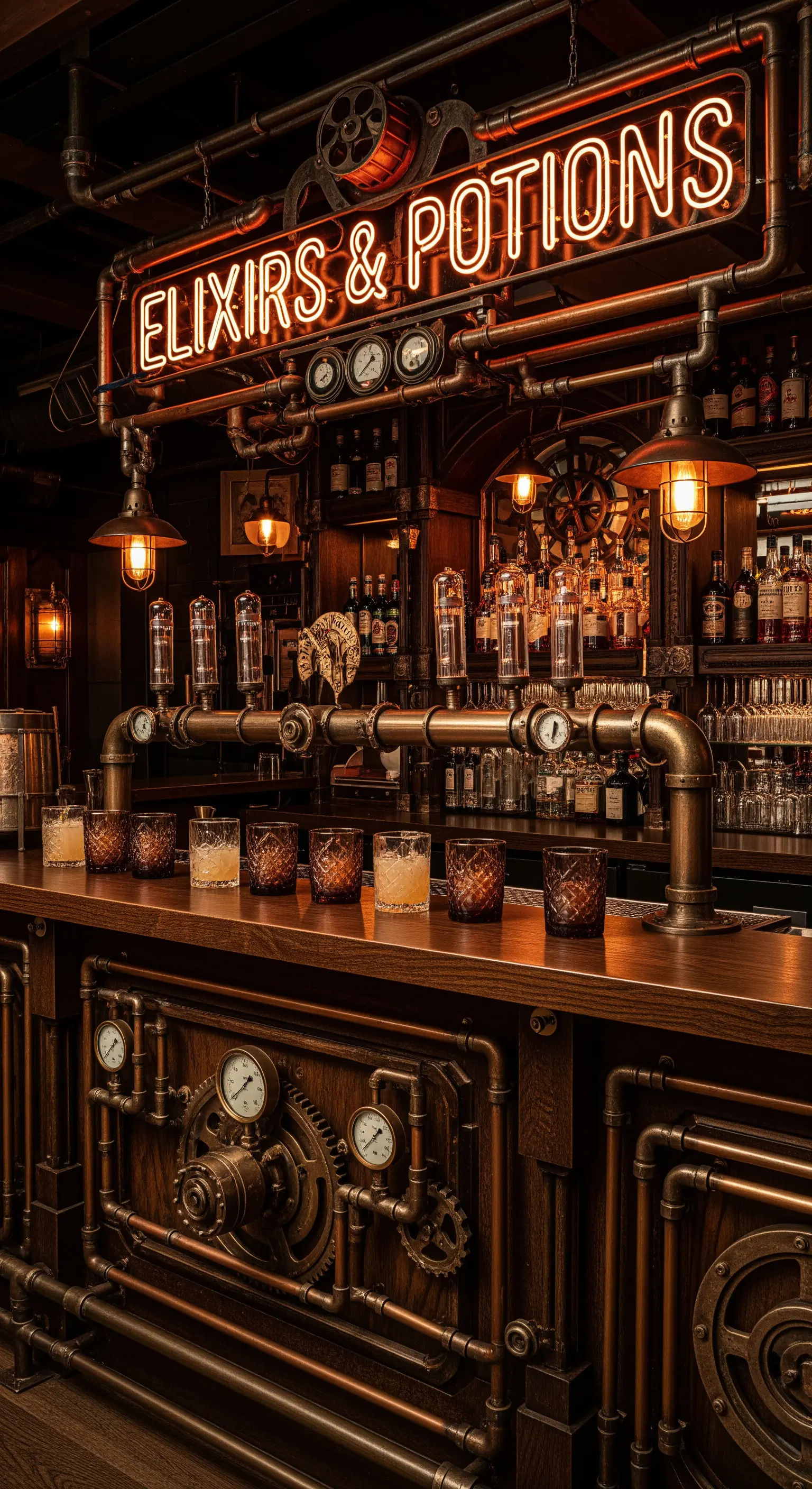 Bar a tema steampunk con tubature in rame, manometri, legno scuro e insegna al neon.