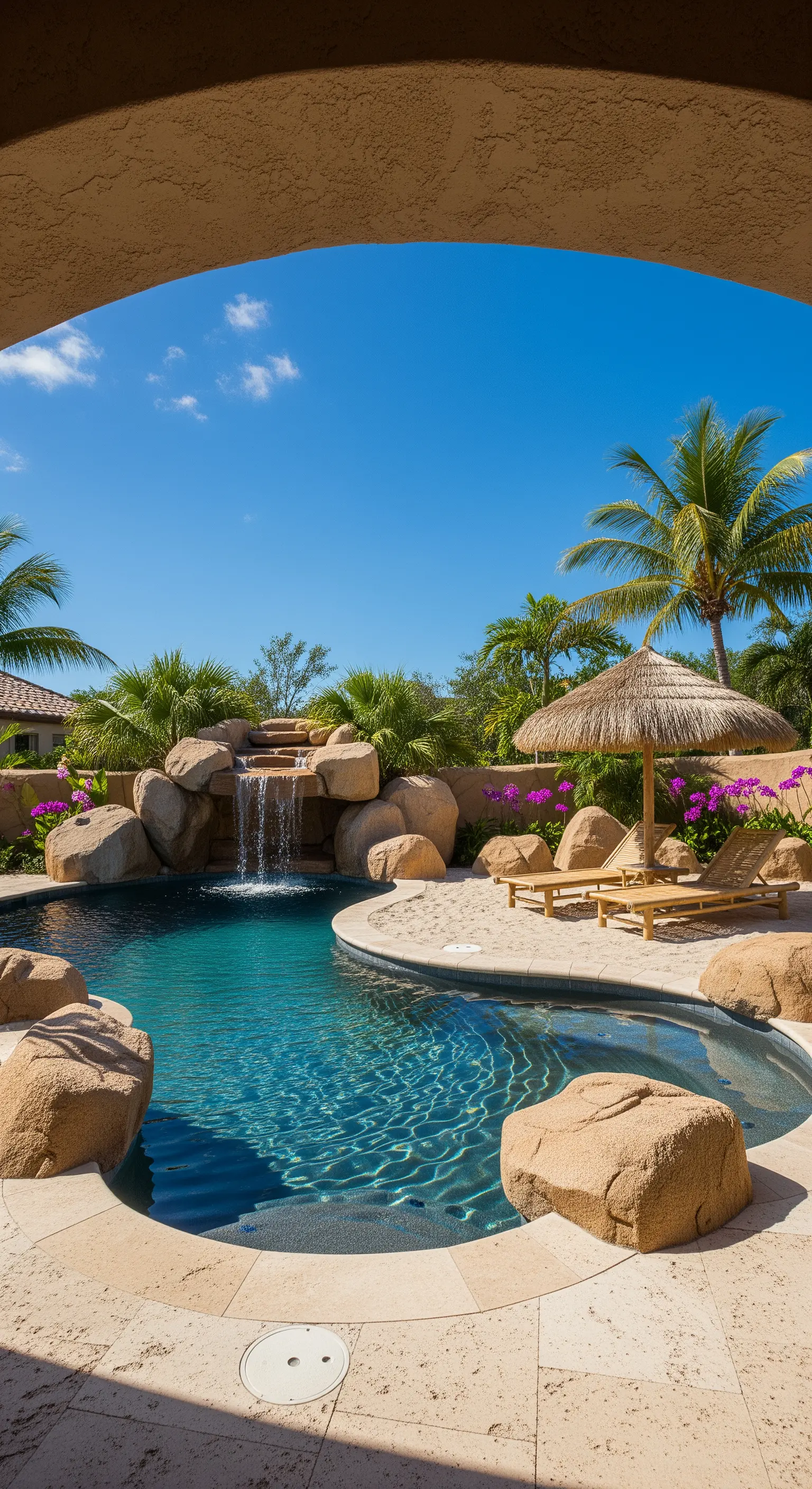 Piscina a laguna con cascata di roccia e una piccola spiaggia con lettini e ombrellone di paglia.