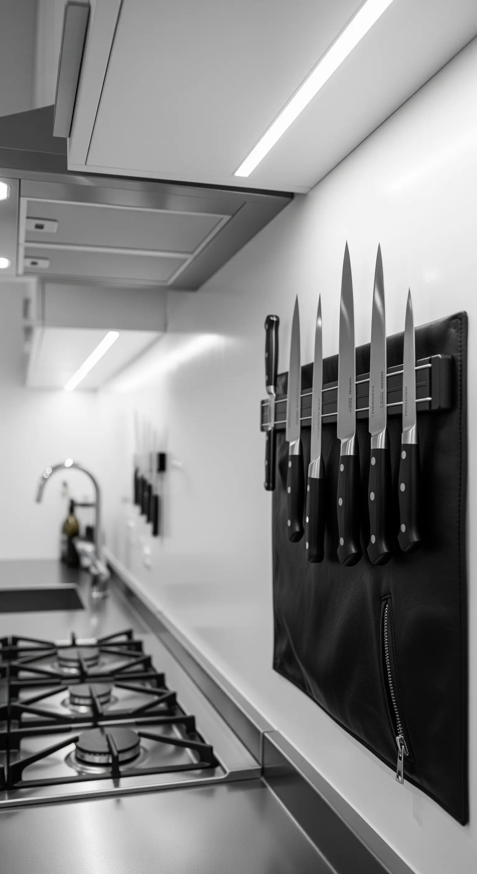 Portacoltelli magnetico rivestito in pelle nera, montato a parete in una cucina moderna.