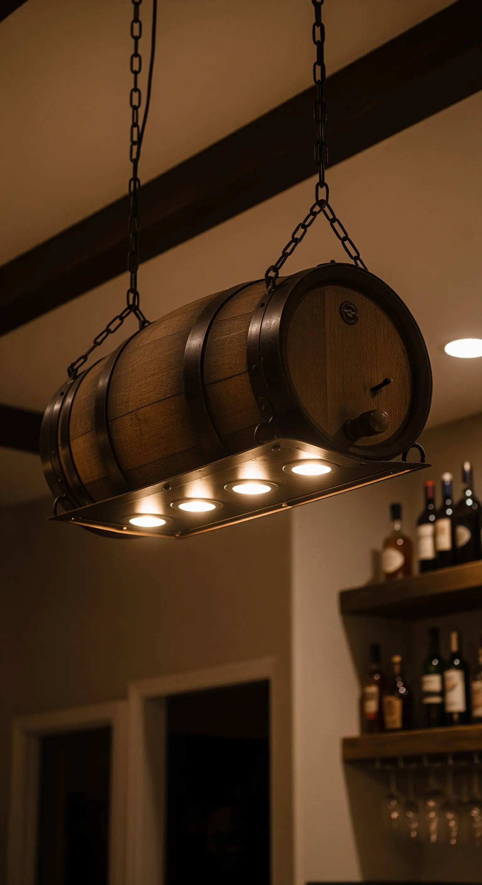 Botte di vino appesa orizzontalmente al soffitto e trasformata in un lampadario con faretti.