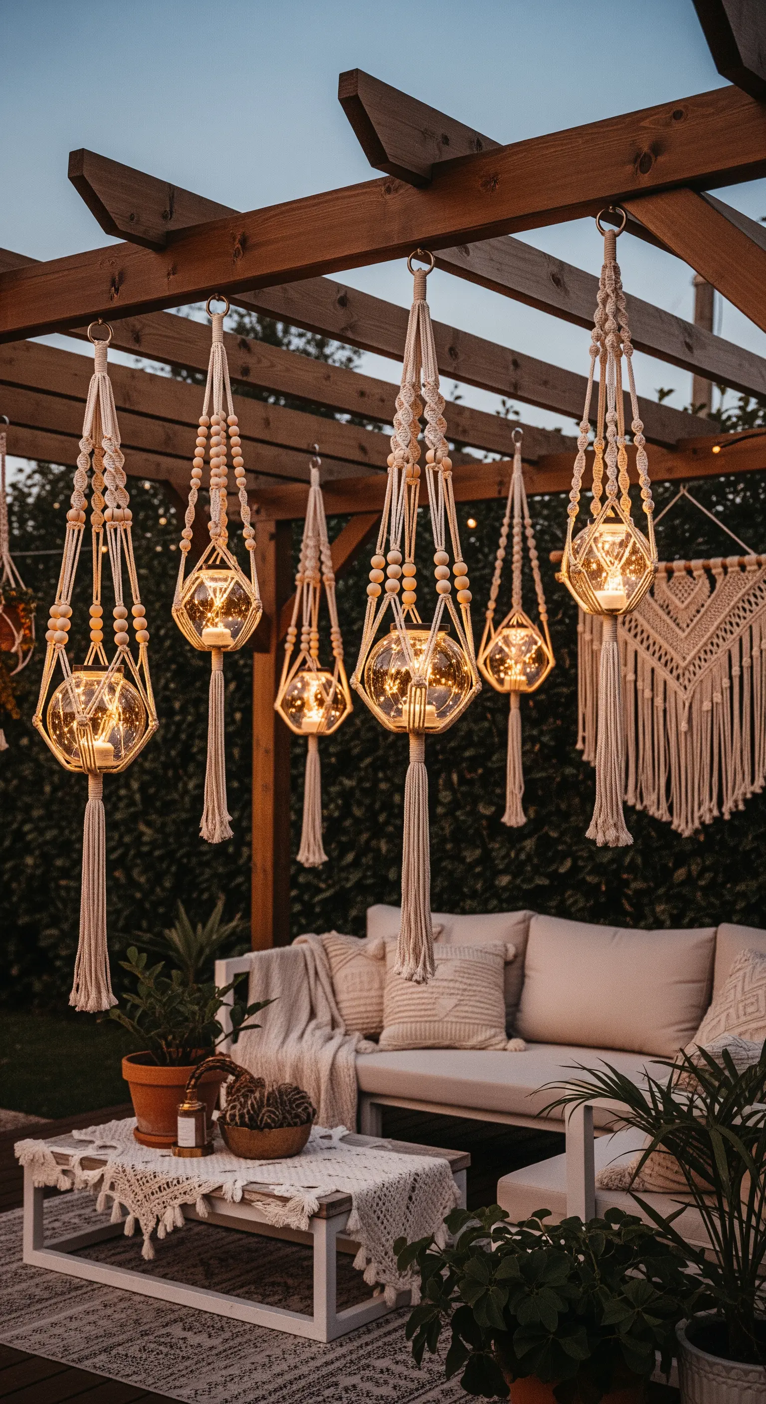 Lanterne sferiche in vetro appese a un pergolato con supporti in macramè bianco.