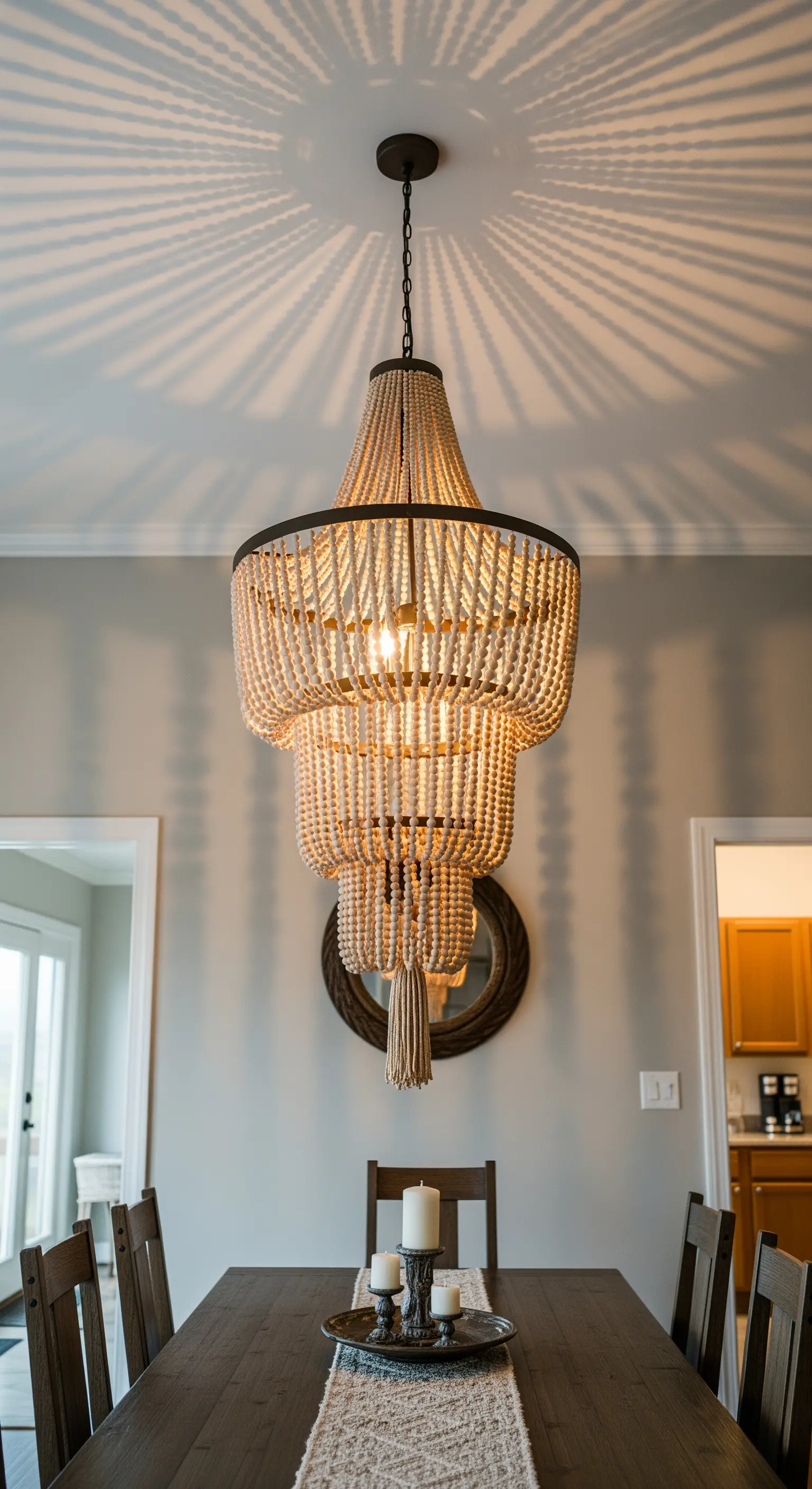 Grande lampadario a più livelli realizzato con cascate di perline di legno in una sala da pranzo.