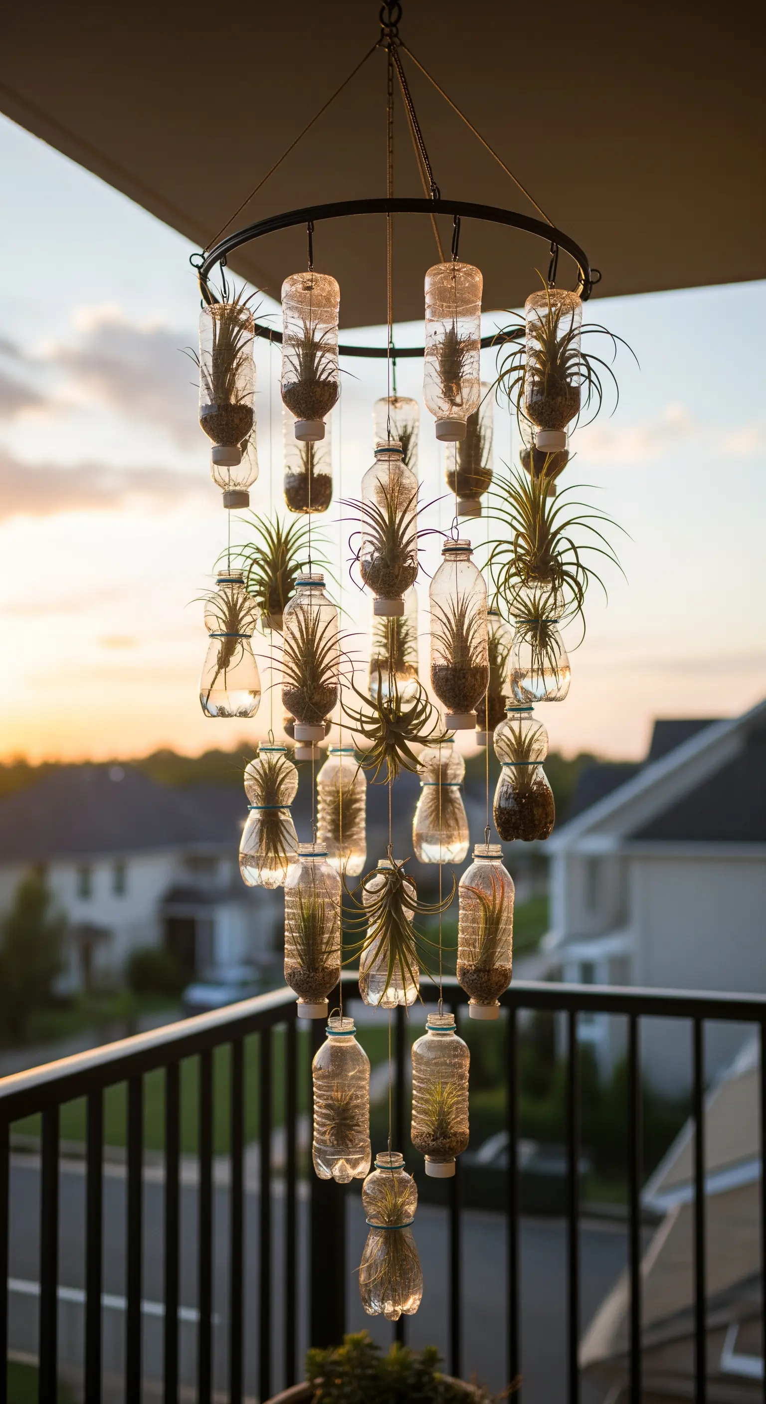 Installazione a lampadario con piccole bottiglie di plastica che contengono piante aeree.