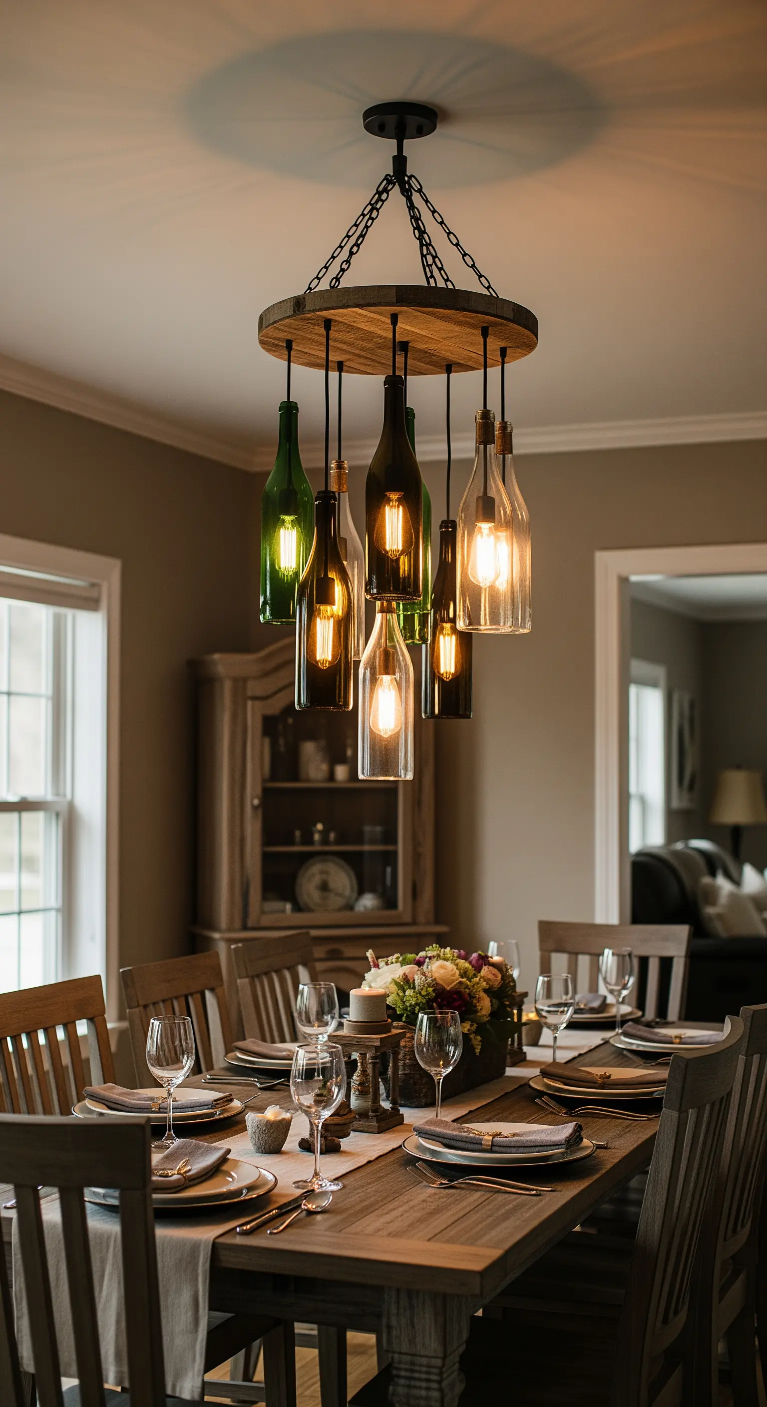 Lampadario sospeso realizzato con bottiglie di vino di vari colori, sopra un tavolo da pranzo.