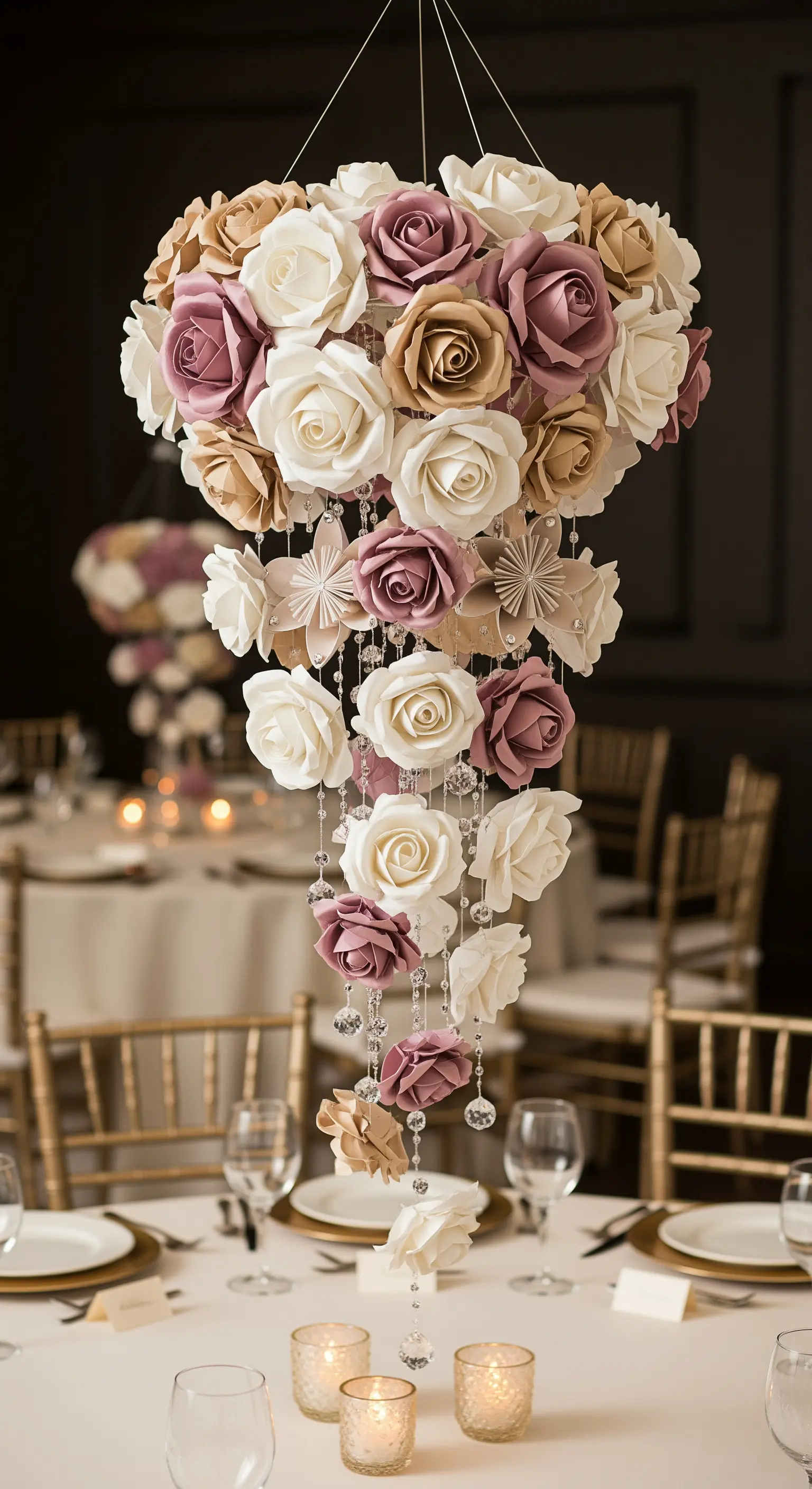 Grande lampadario di rose di carta rosa, bianche e oro con cristalli pendenti.
