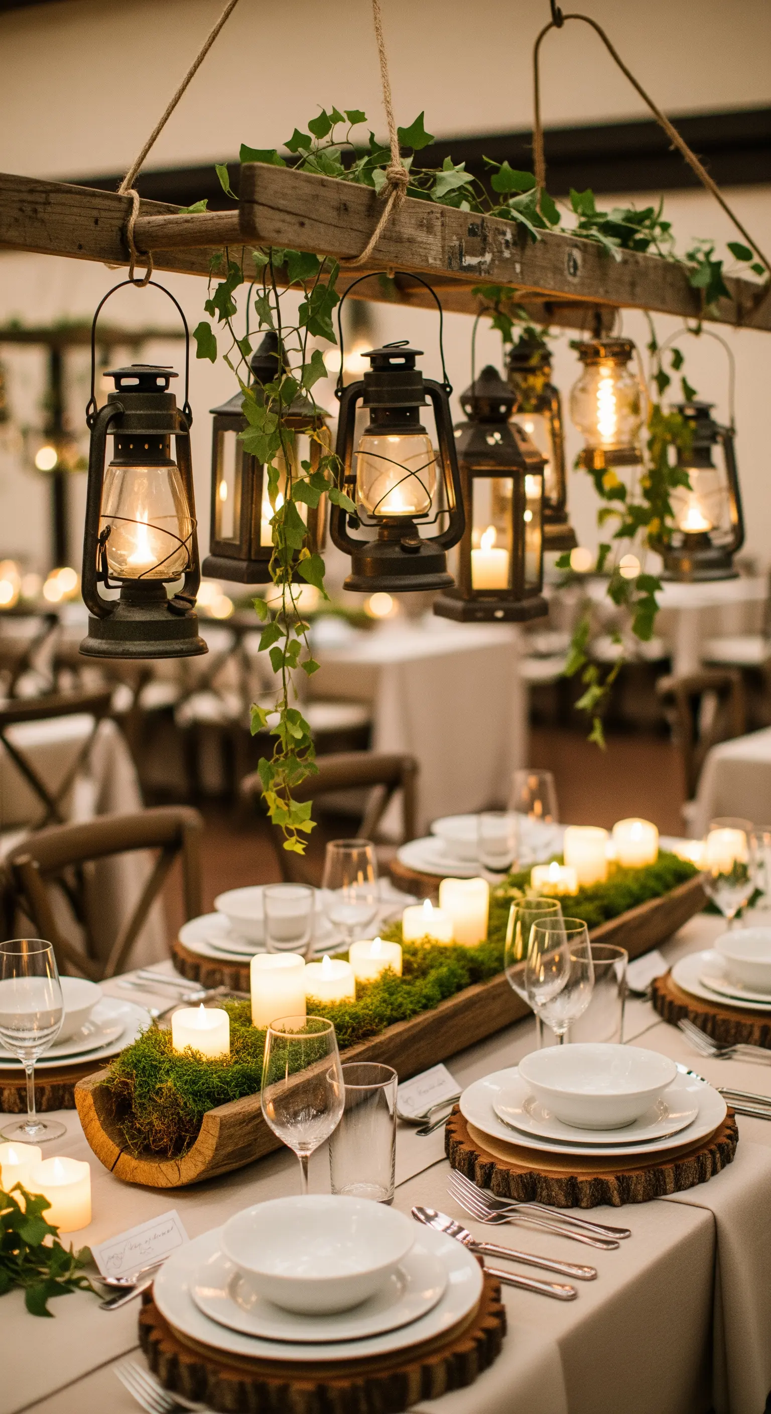 Vecchia scala in legno usata come lampadario sopra un tavolo, con lanterne ed edera.