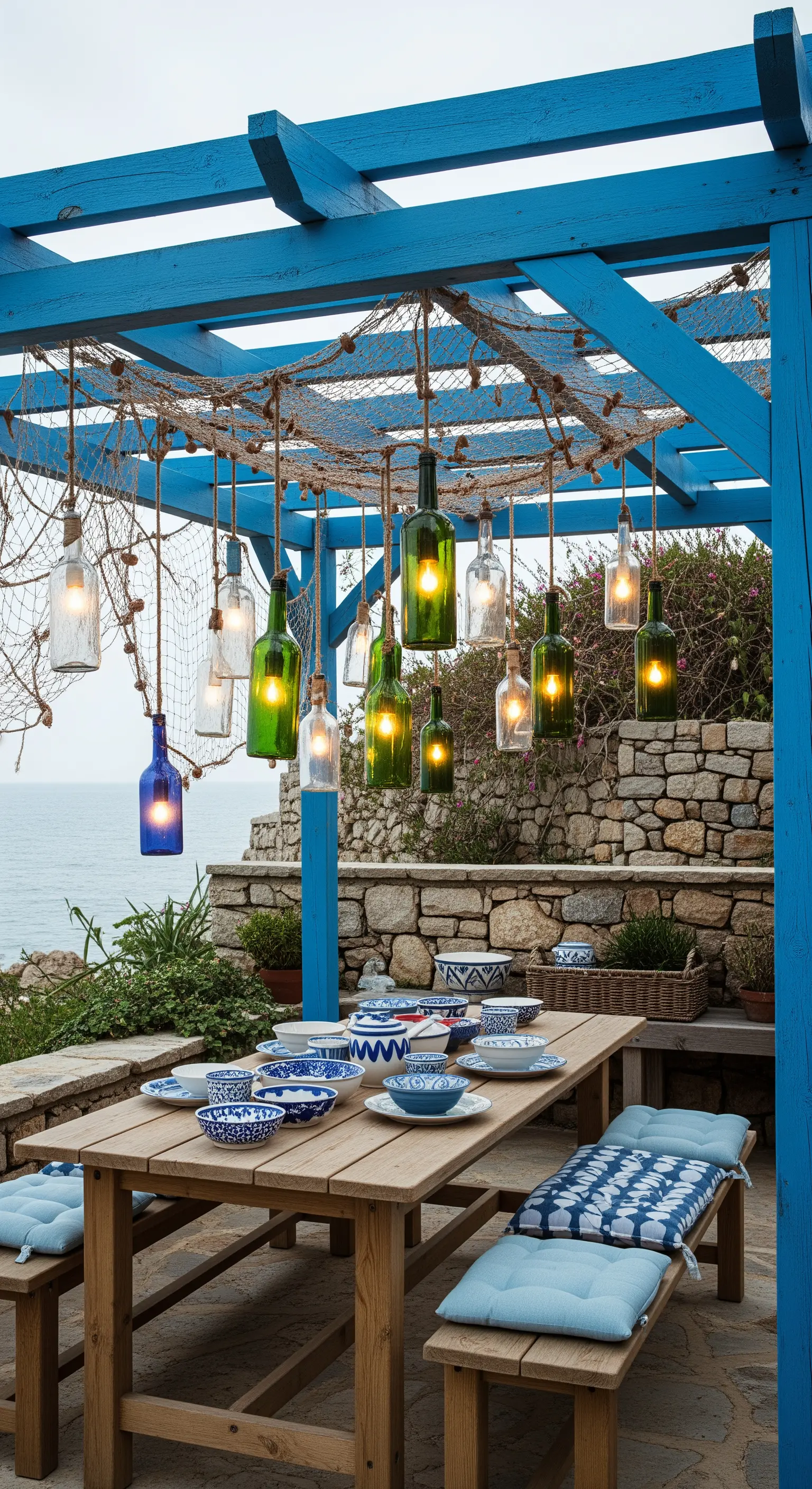 Tavolata sotto una pergola blu con lampade fai-da-te realizzate con bottiglie di vetro.