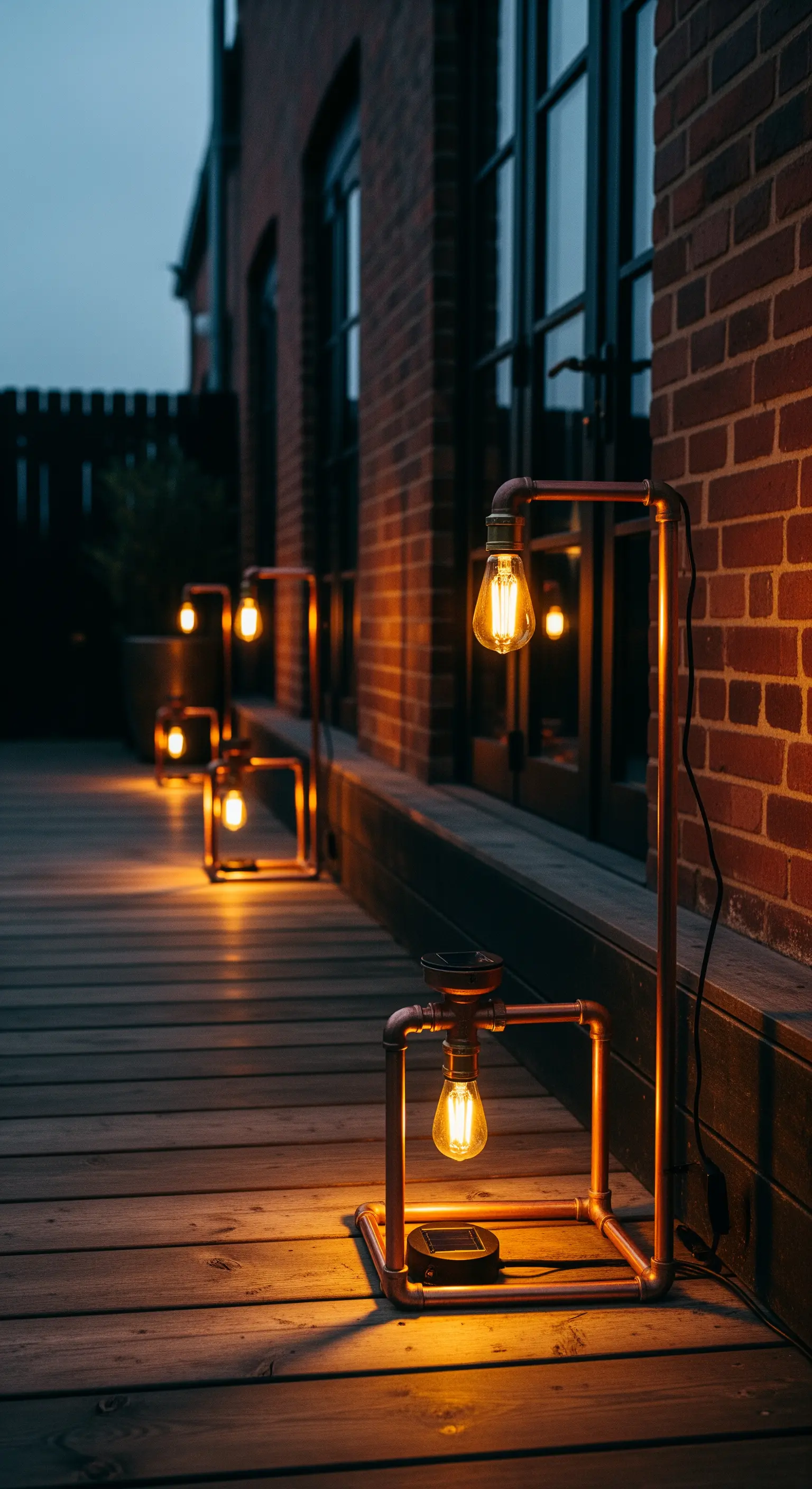 Lampade solari dal design geometrico realizzate con tubi di rame su un patio in legno.