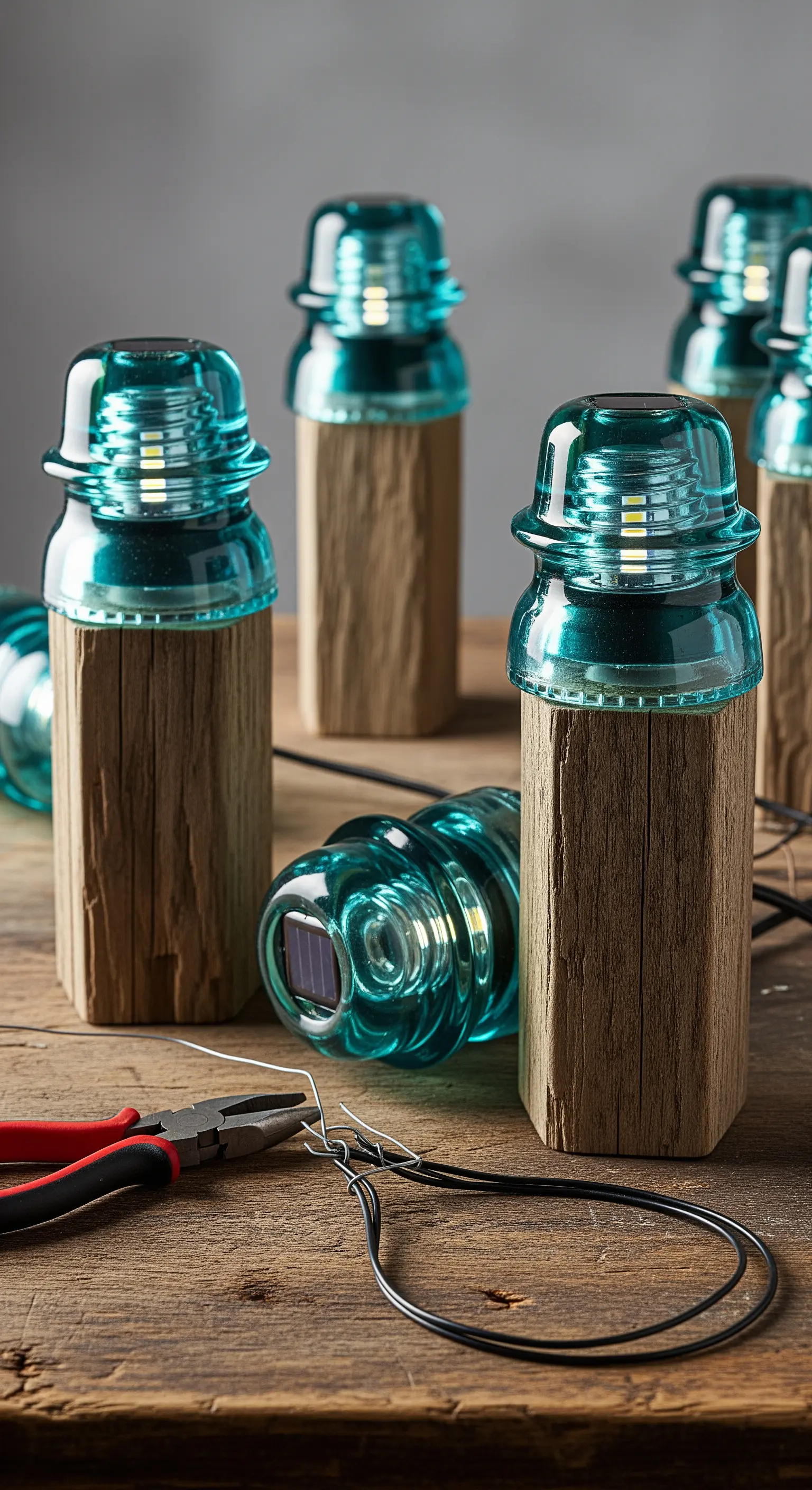 Vecchi isolatori elettrici in vetro turchese montati su basi di legno con luci solari.