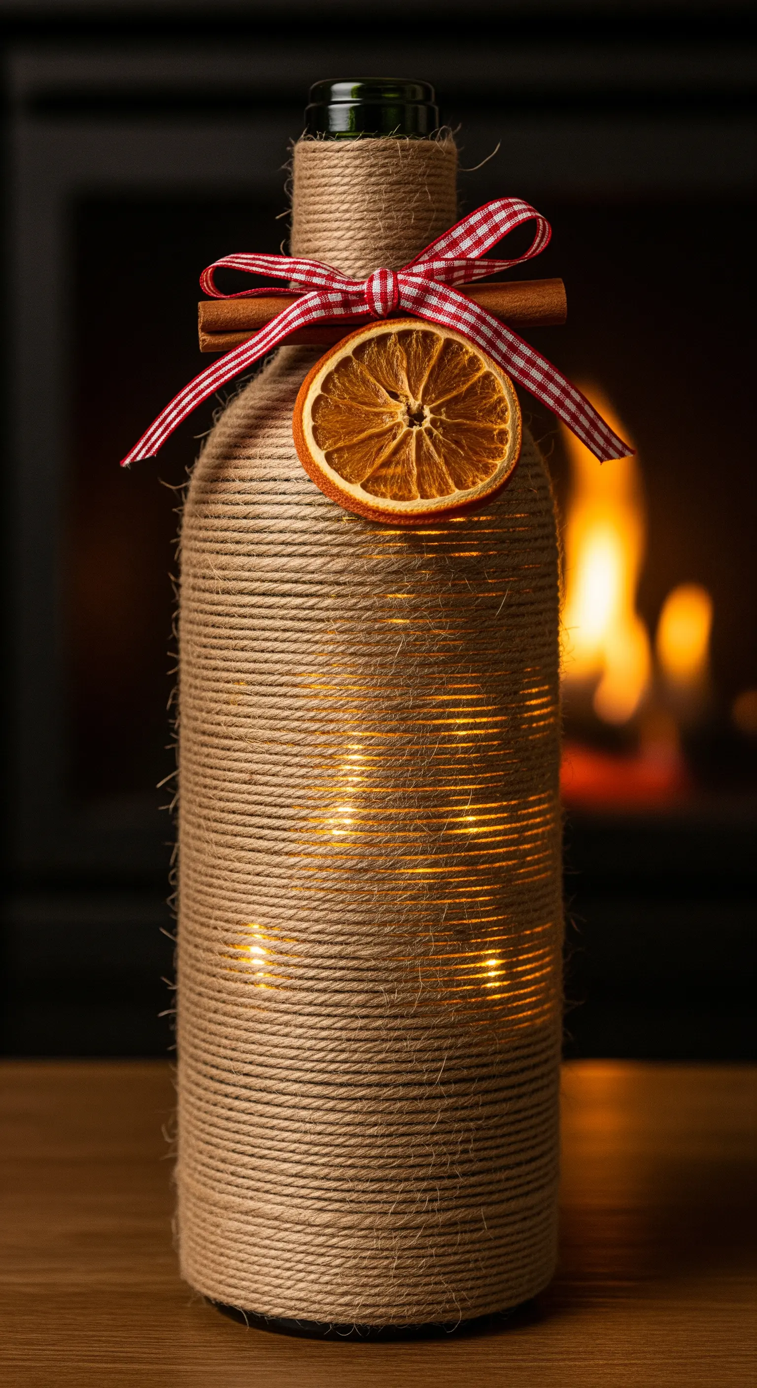 Bottiglia rivestita di spago con fiocco, cannella e arancia essiccata, con luci interne.