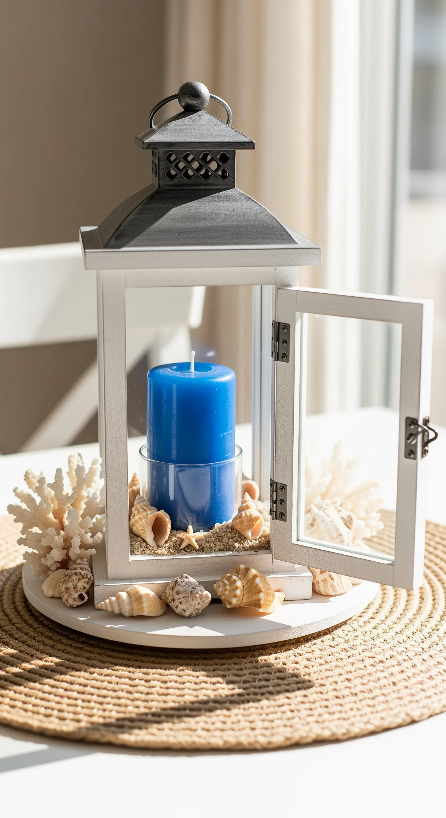 Lanterna bianca con candela blu, sabbia e conchiglie su un sottopiatto in paglia intrecciata.