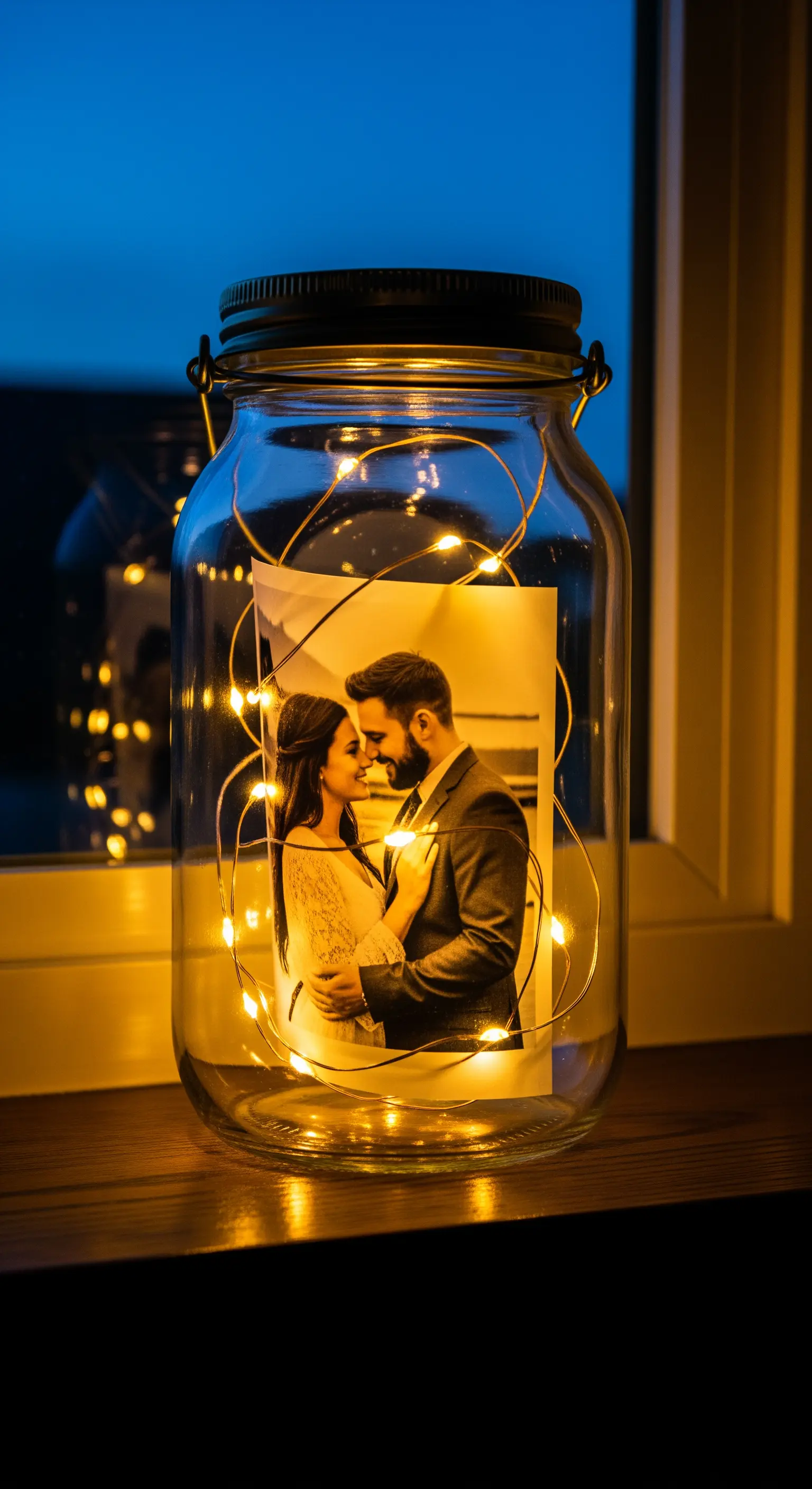 Fotografia di una coppia in un barattolo di vetro illuminato da un filo di lucine calde.