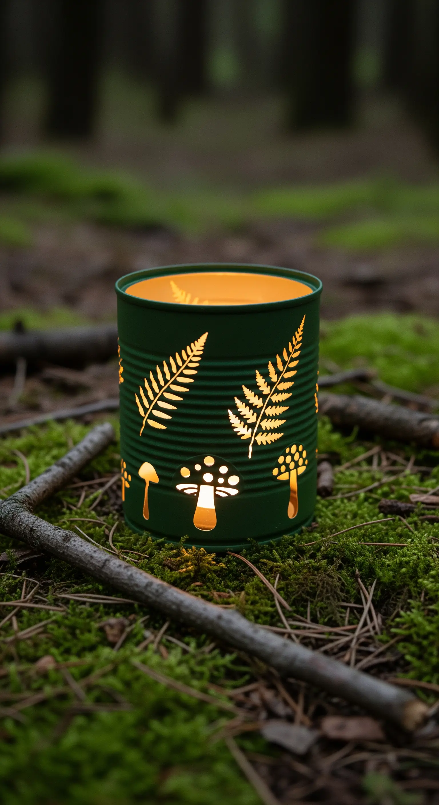 Portacandela verde scuro con trafori a forma di felci e funghi, posato su muschio.