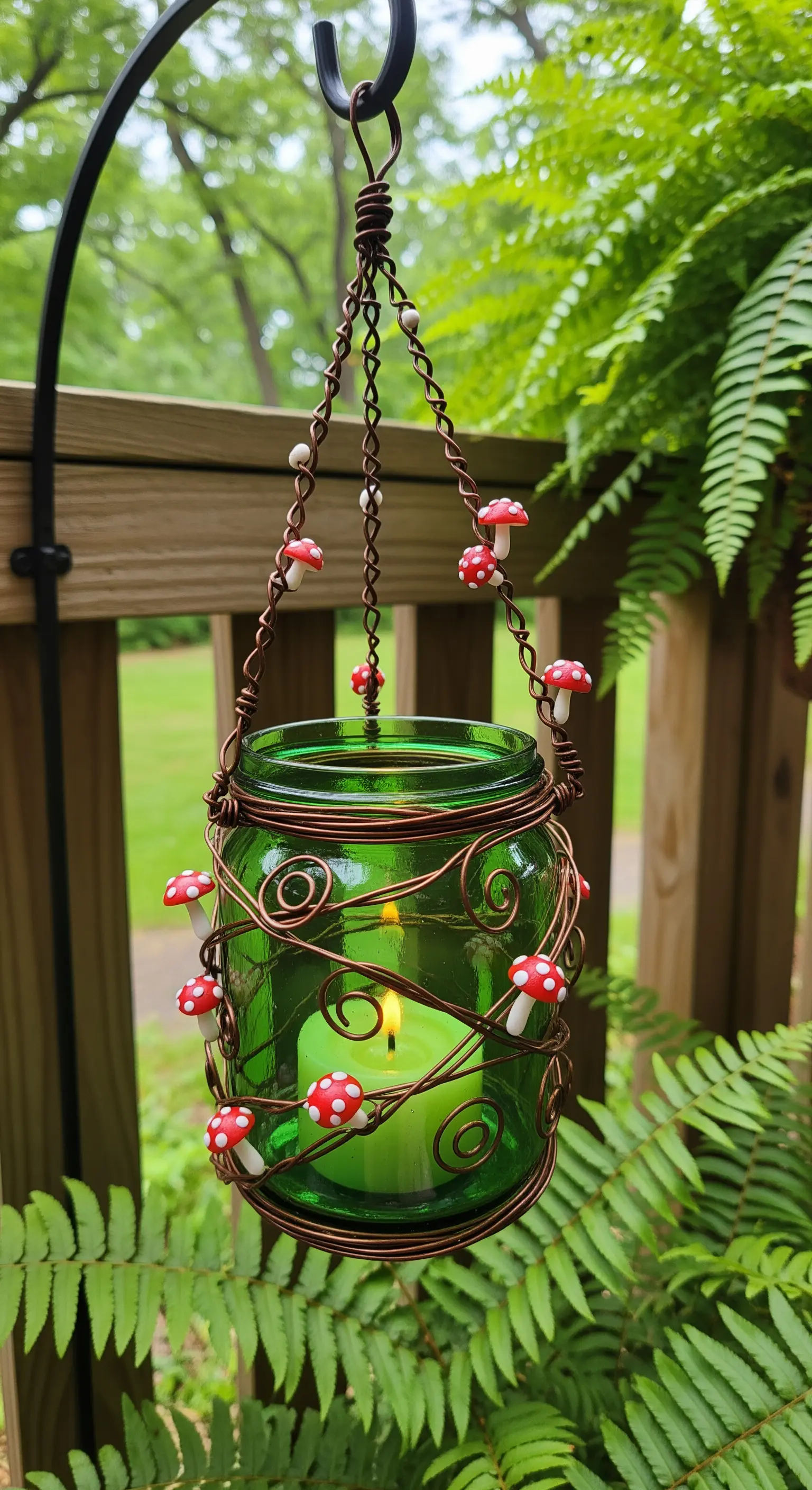 Barattolo di vetro verde avvolto in filo di rame e decorato con piccoli funghi.