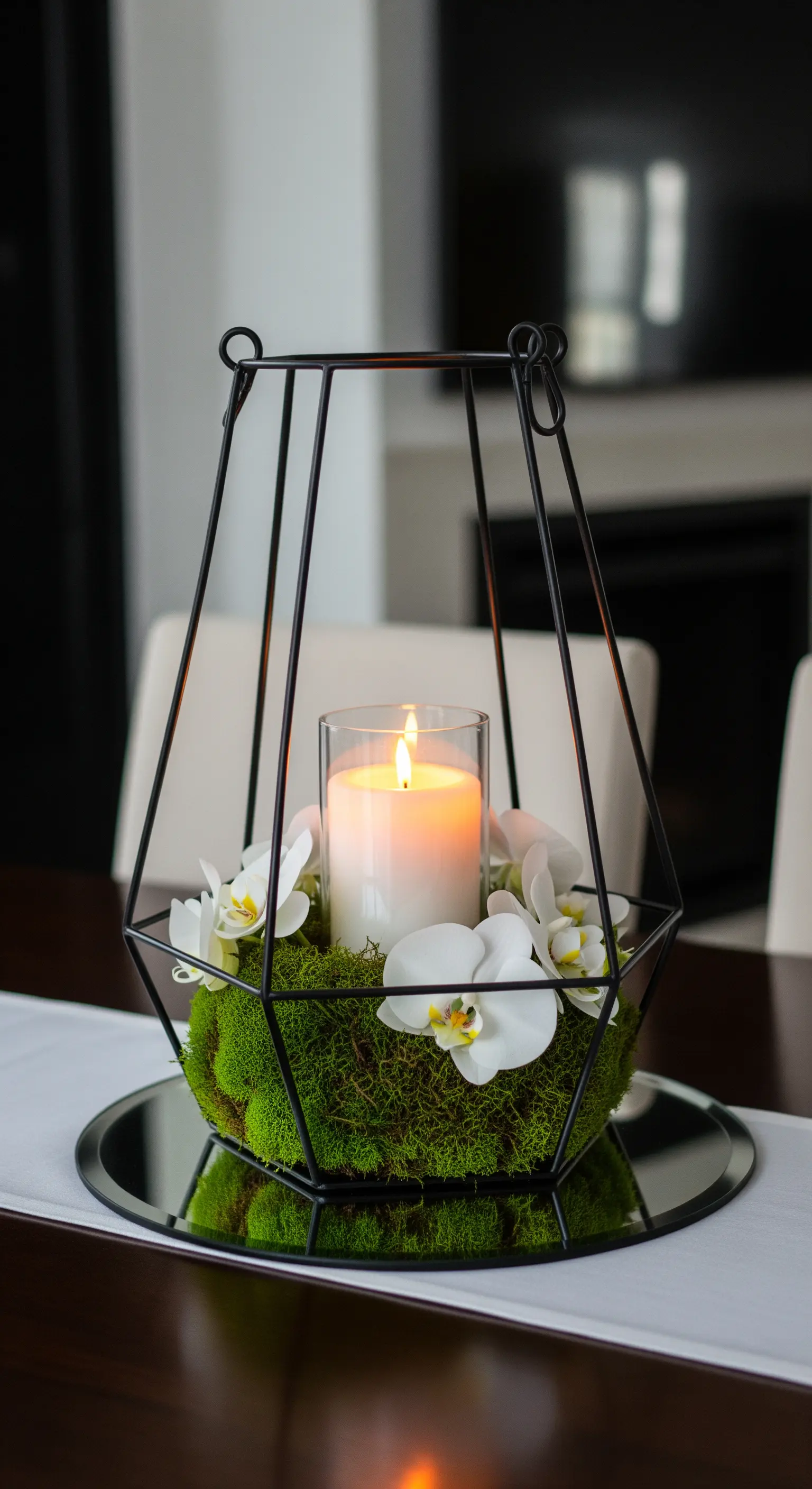 Centrotavola con lanterna geometrica nera, candela, muschio e fiori di orchidea bianca.
