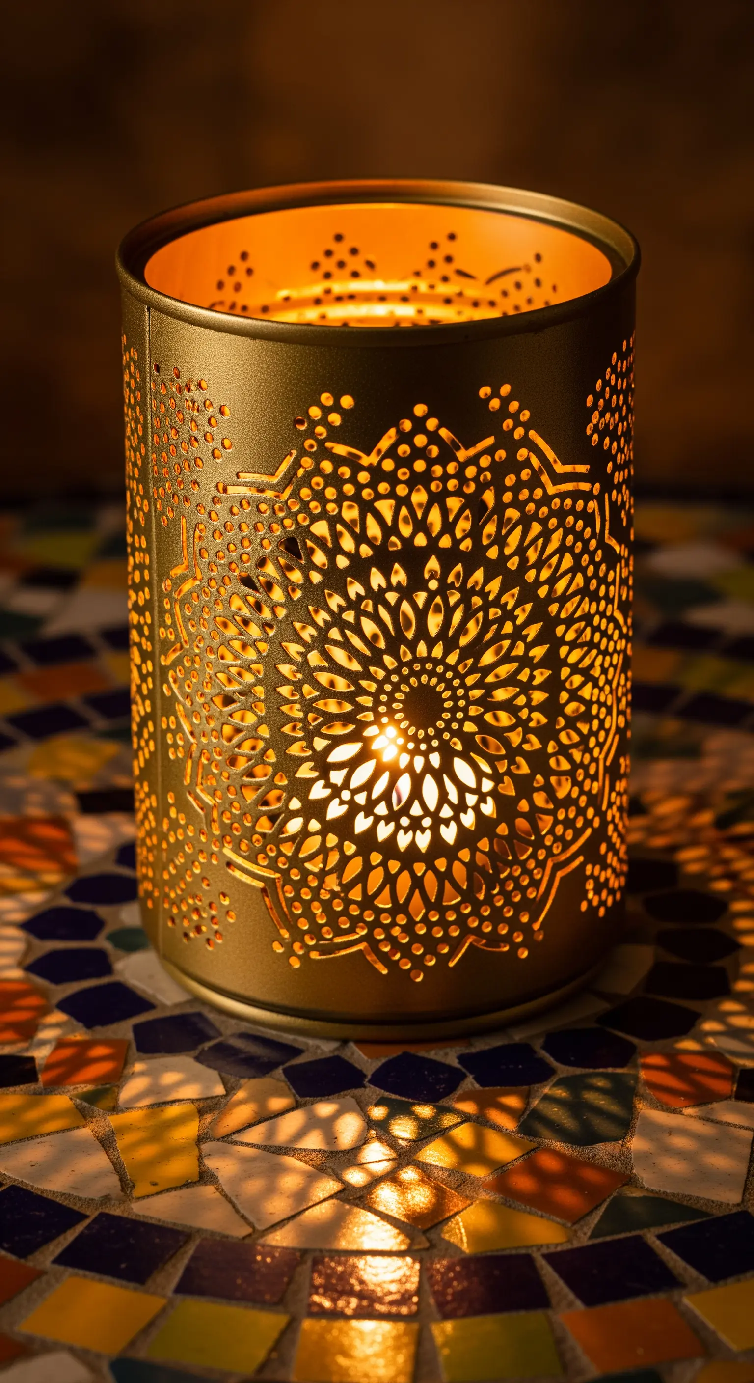 Portacandela dorato traforato con un intricato motivo a mandala, su un tavolo a mosaico.