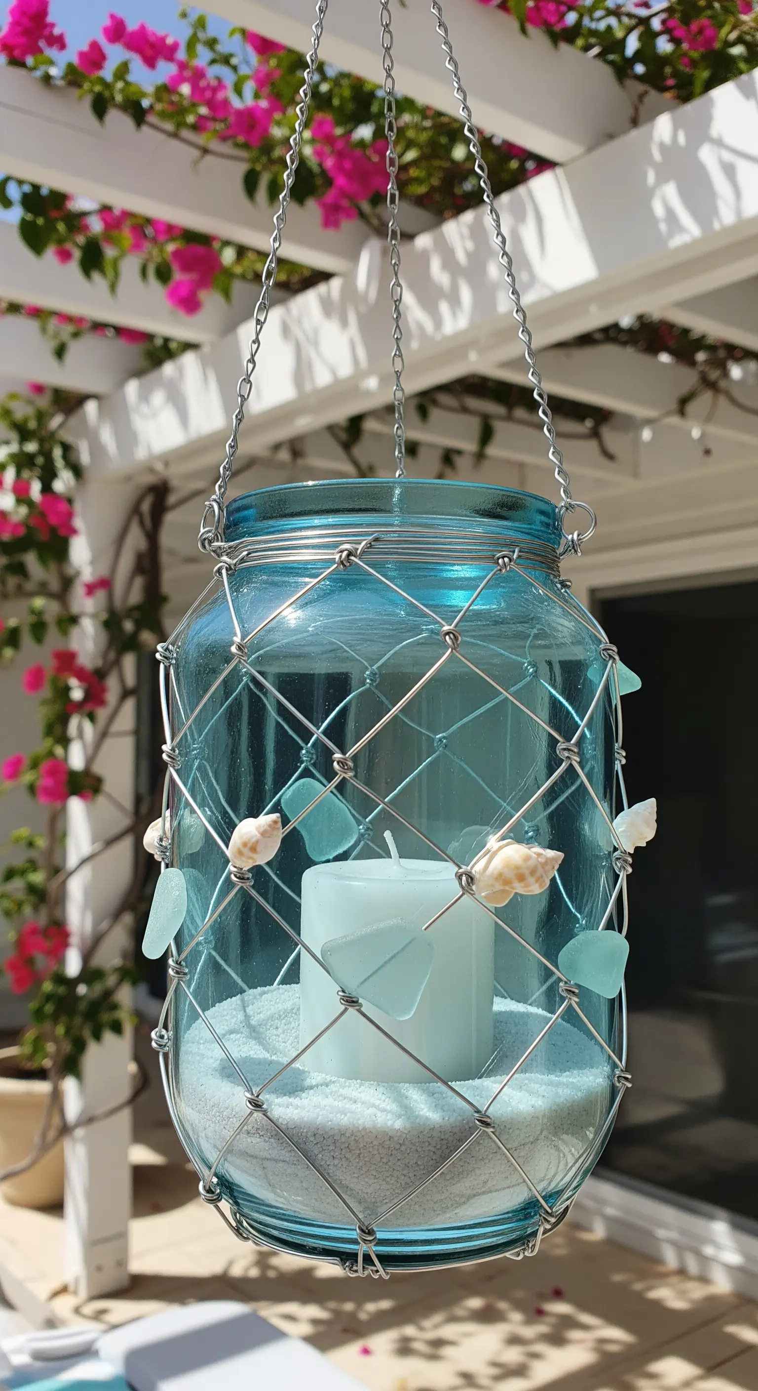 Portacandela in barattolo azzurro con rete metallica, conchiglie e vetro di mare.