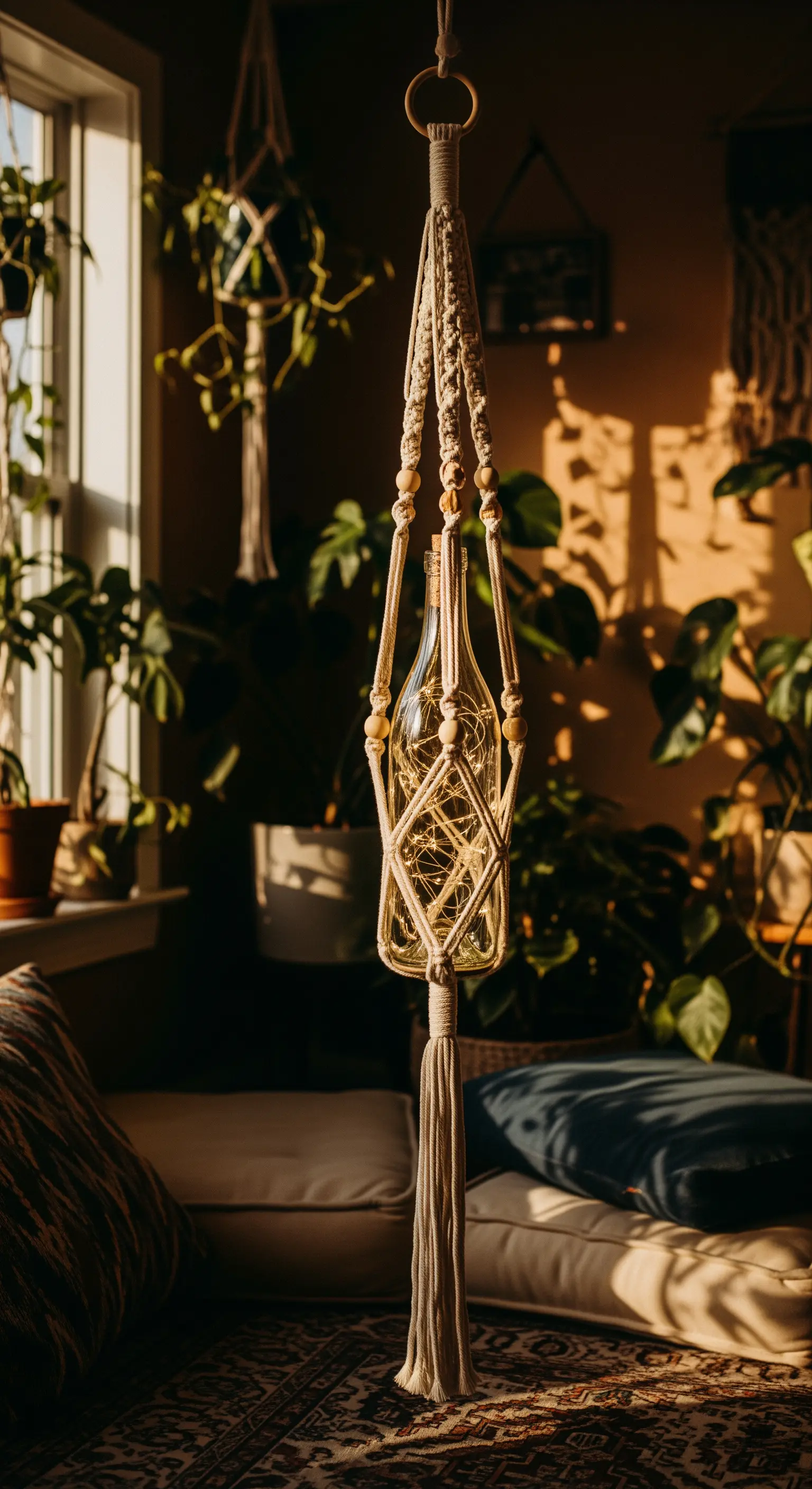 Bottiglia di vino trasparente con lucine, appesa in un supporto di macramè fatto a mano.