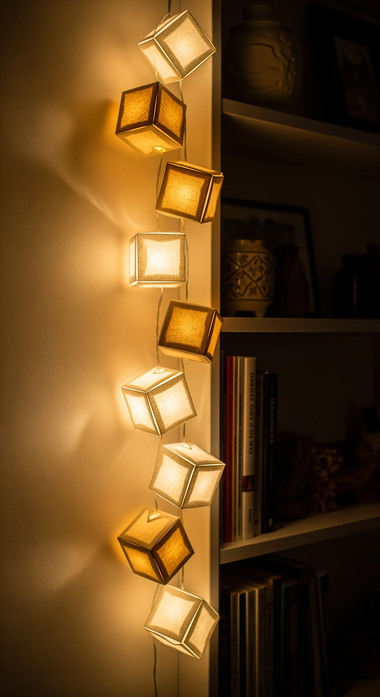 Filo di luci calde con piccoli paralumi cubici in tessuto color crema e iuta.