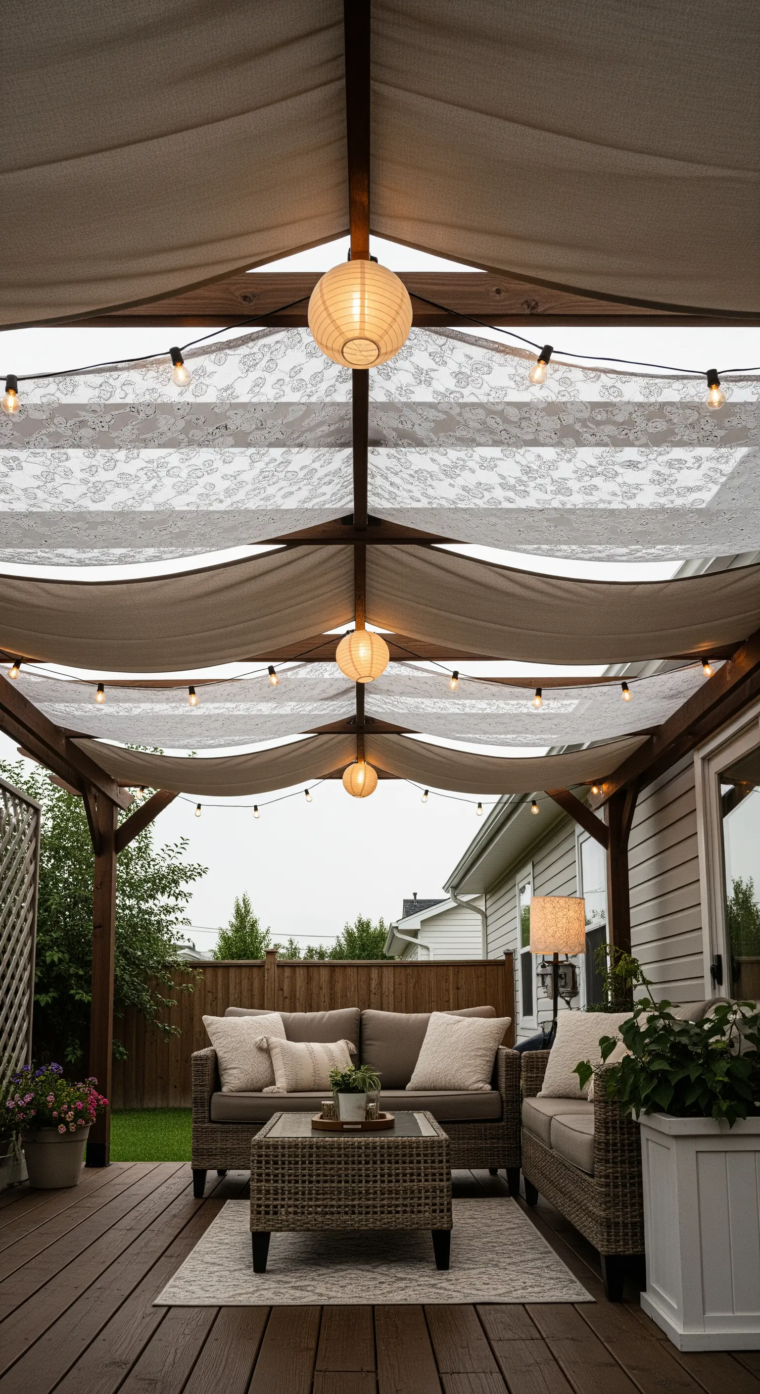 Salotto esterno sotto un pergolato con tessuto fantasia e lanterne di carta.