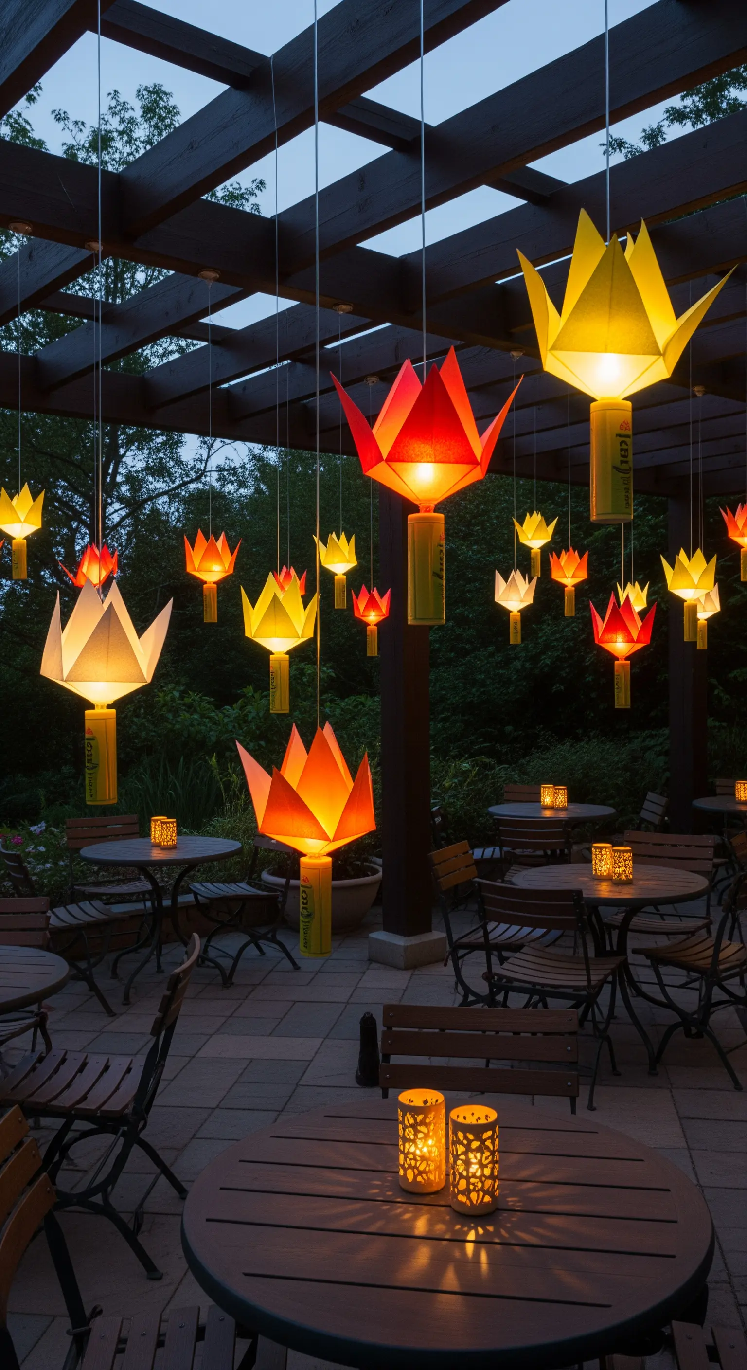 Lanterne di carta a forma di fiore di loto illuminate e appese a un pergolato.