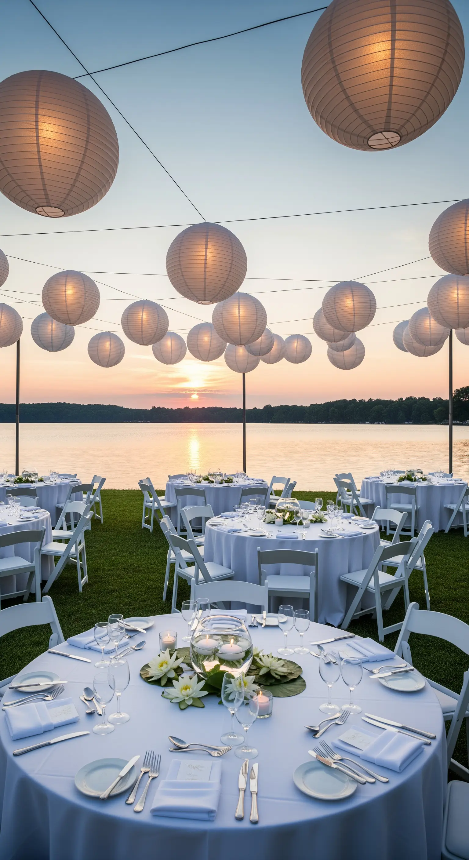 Ricevimento in riva al lago al tramonto, con tavoli bianchi e decine di lanterne di carta sospese.