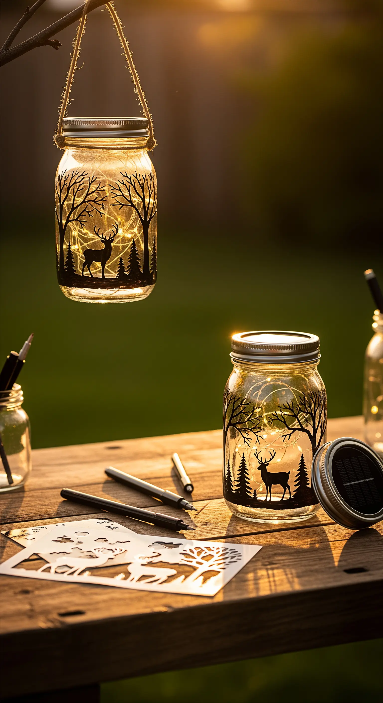 Barattoli di vetro decorati con stencil di cervi e alberi, illuminati da luci solari interne.