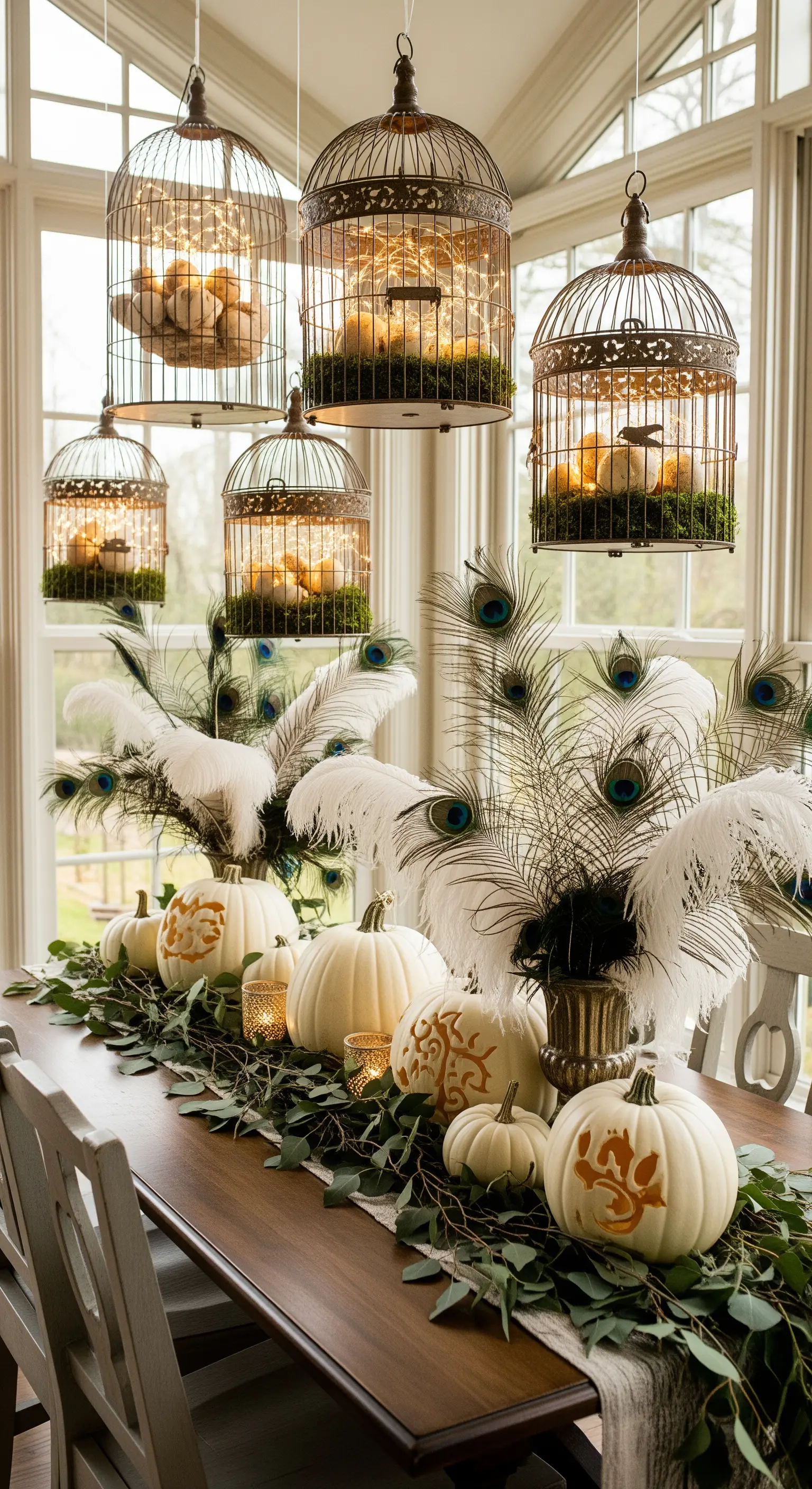 Tavola da pranzo con gabbie sospese come lanterne e centrotavola di zucche bianche e piume.