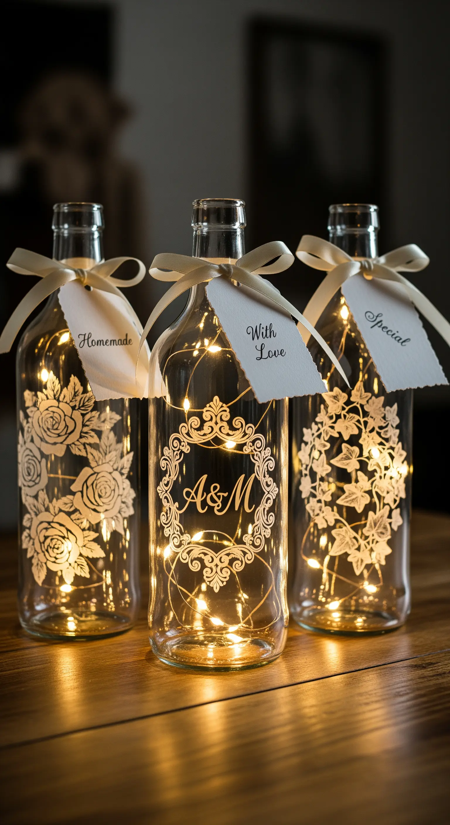Bottiglie di vetro trasparente decorate con adesivi bianchi a effetto inciso e illuminate dall'interno.