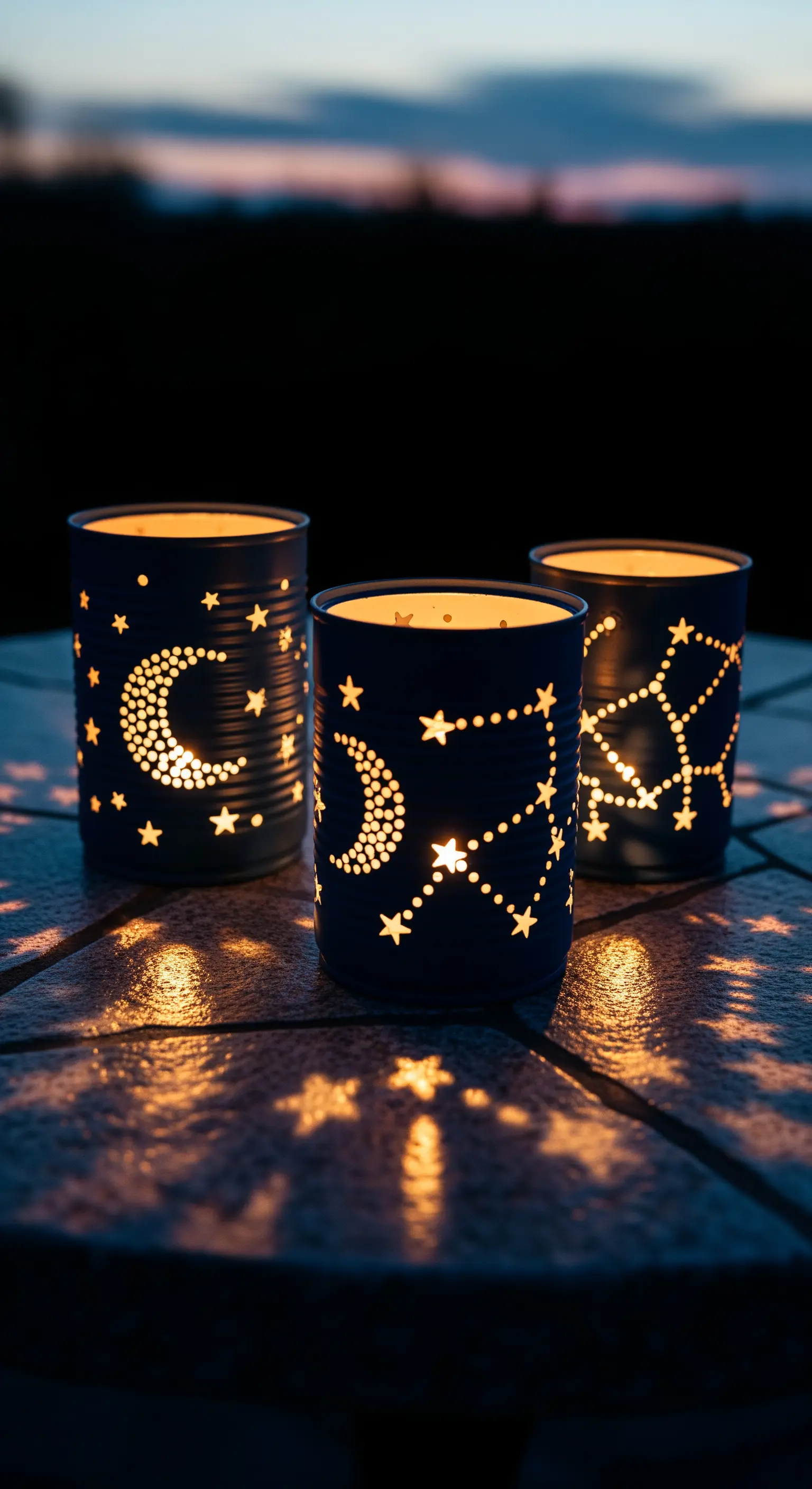 Lanterne realizzate con barattoli di latta traforati con disegni di stelle e lune, illuminate da candele.