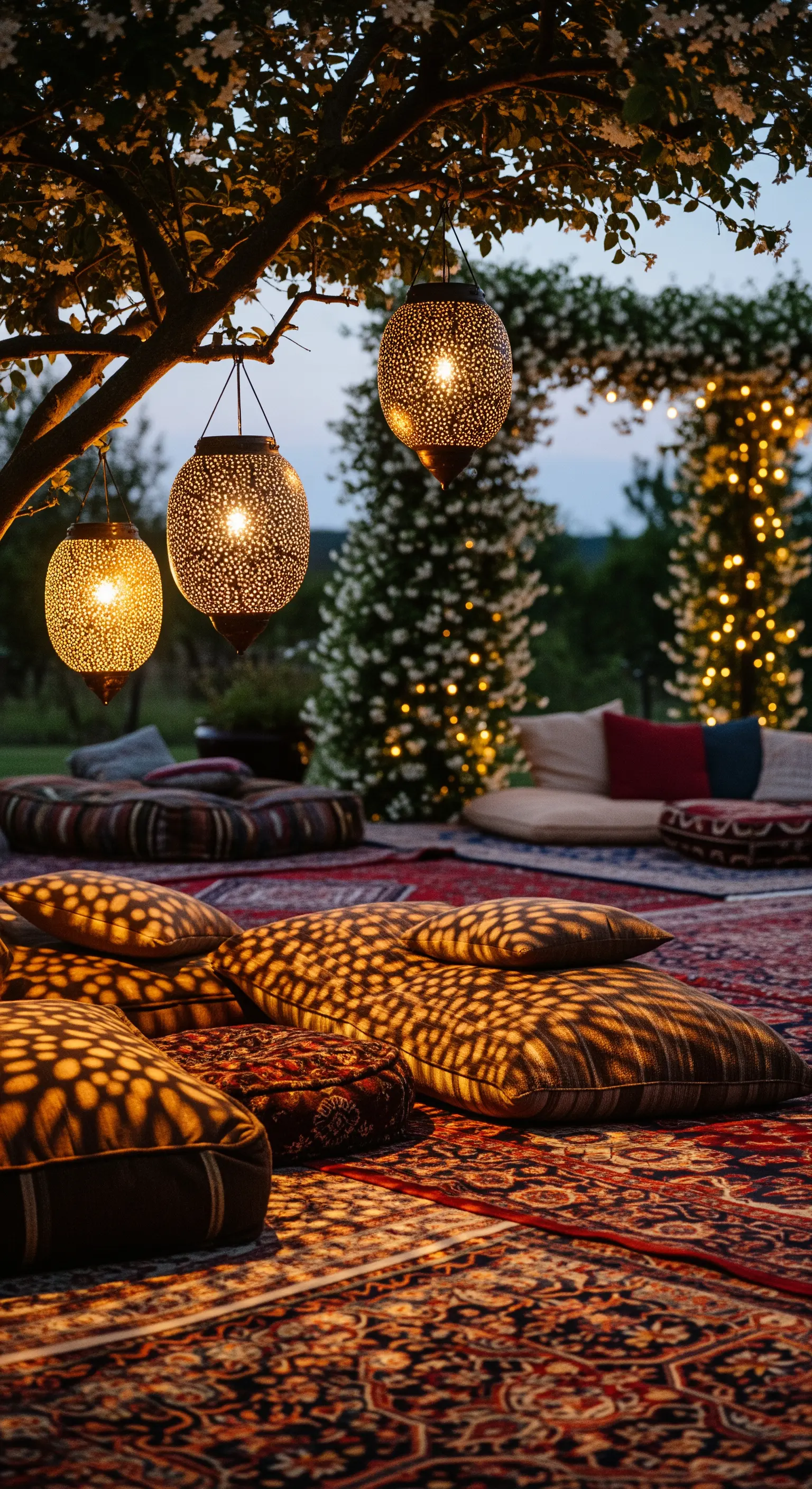 Area relax bohémien con lanterne metalliche traforate e tappeti persiani.