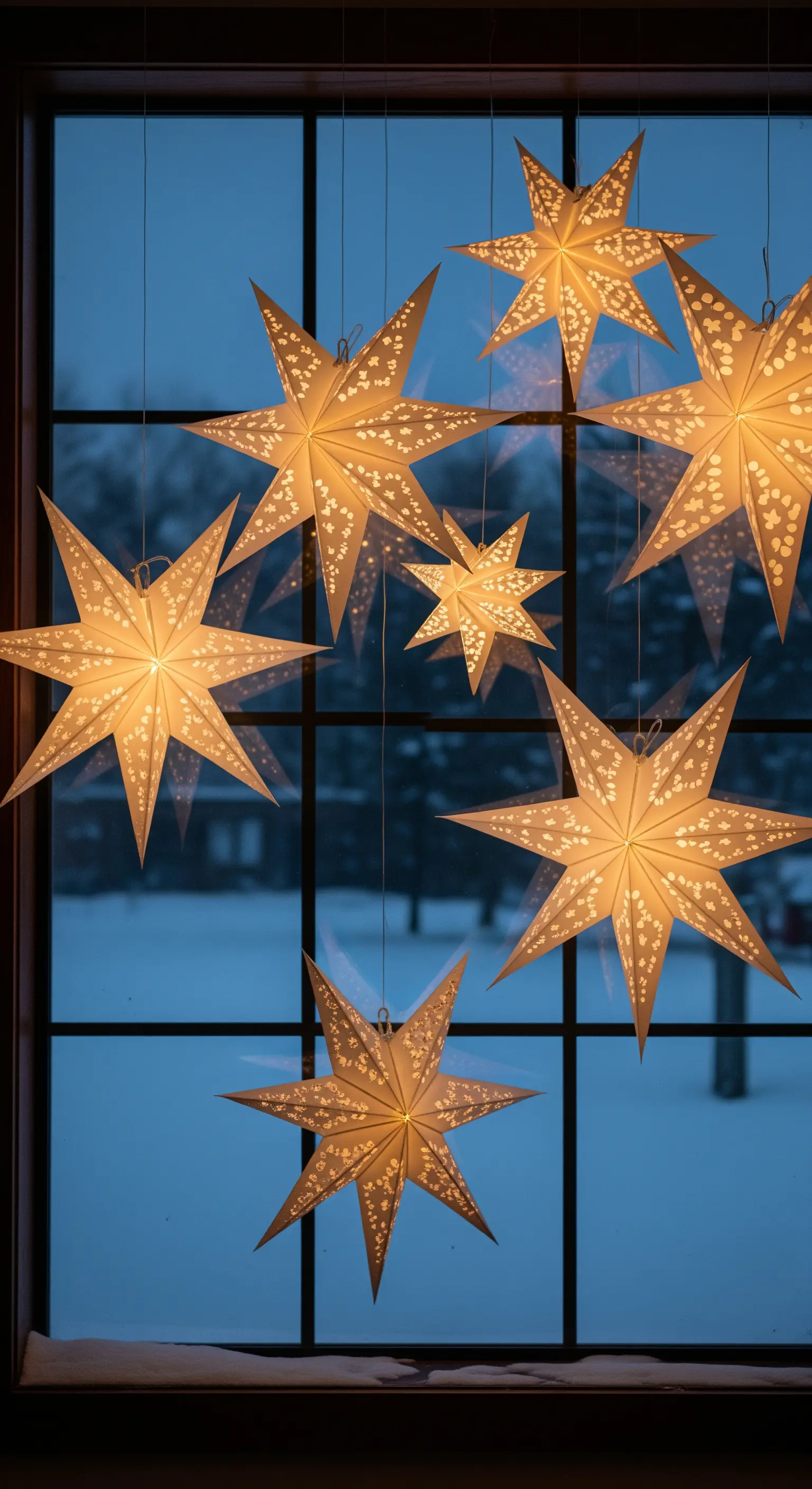 Stelle di carta luminose appese a una finestra con vista su un paesaggio innevato