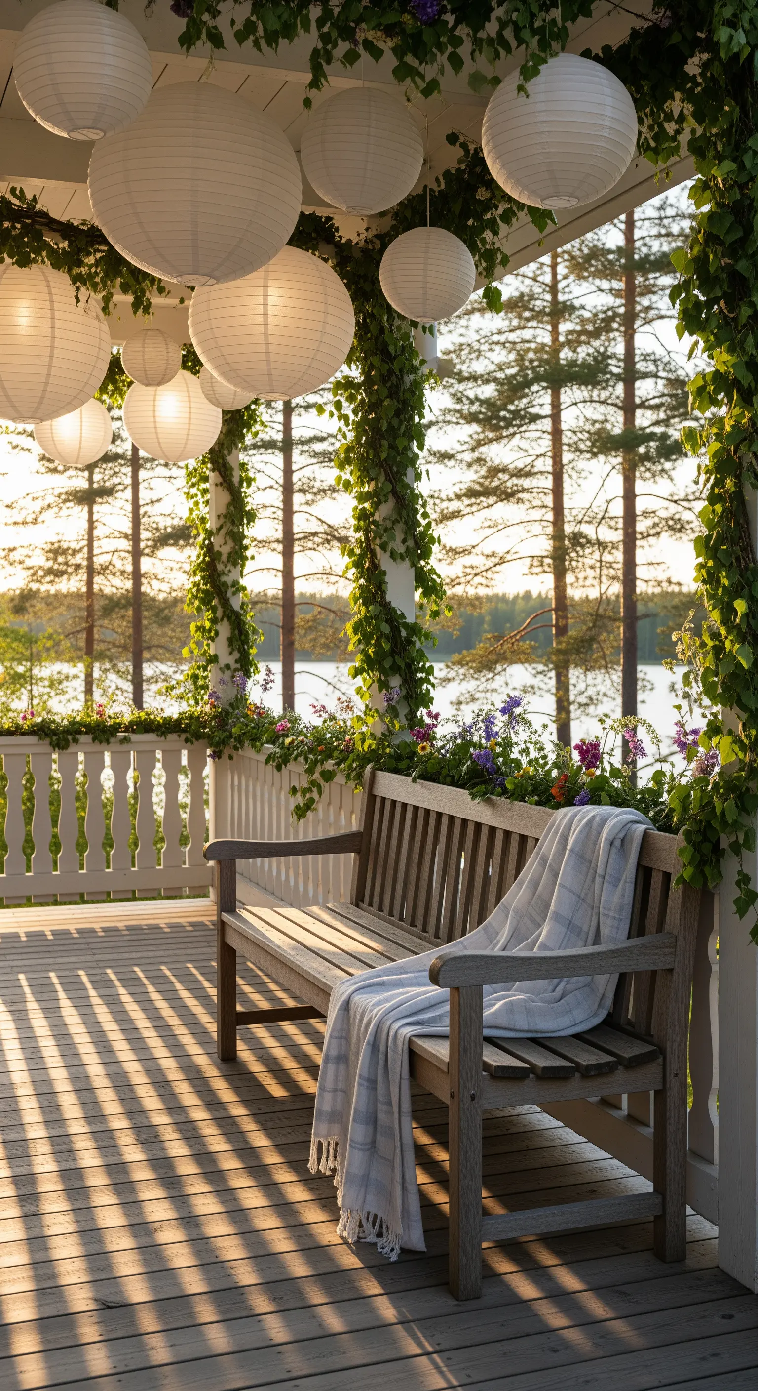 Panca in legno sotto un portico coperto di piante rampicanti e lanterne di carta sospese