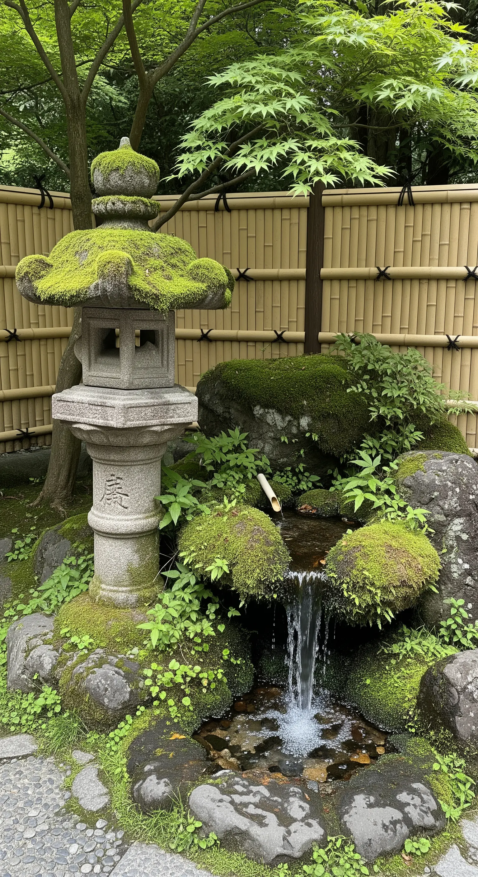 Lanterna giapponese in pietra interamente ricoperta di muschio verde vicino a una cascatella.