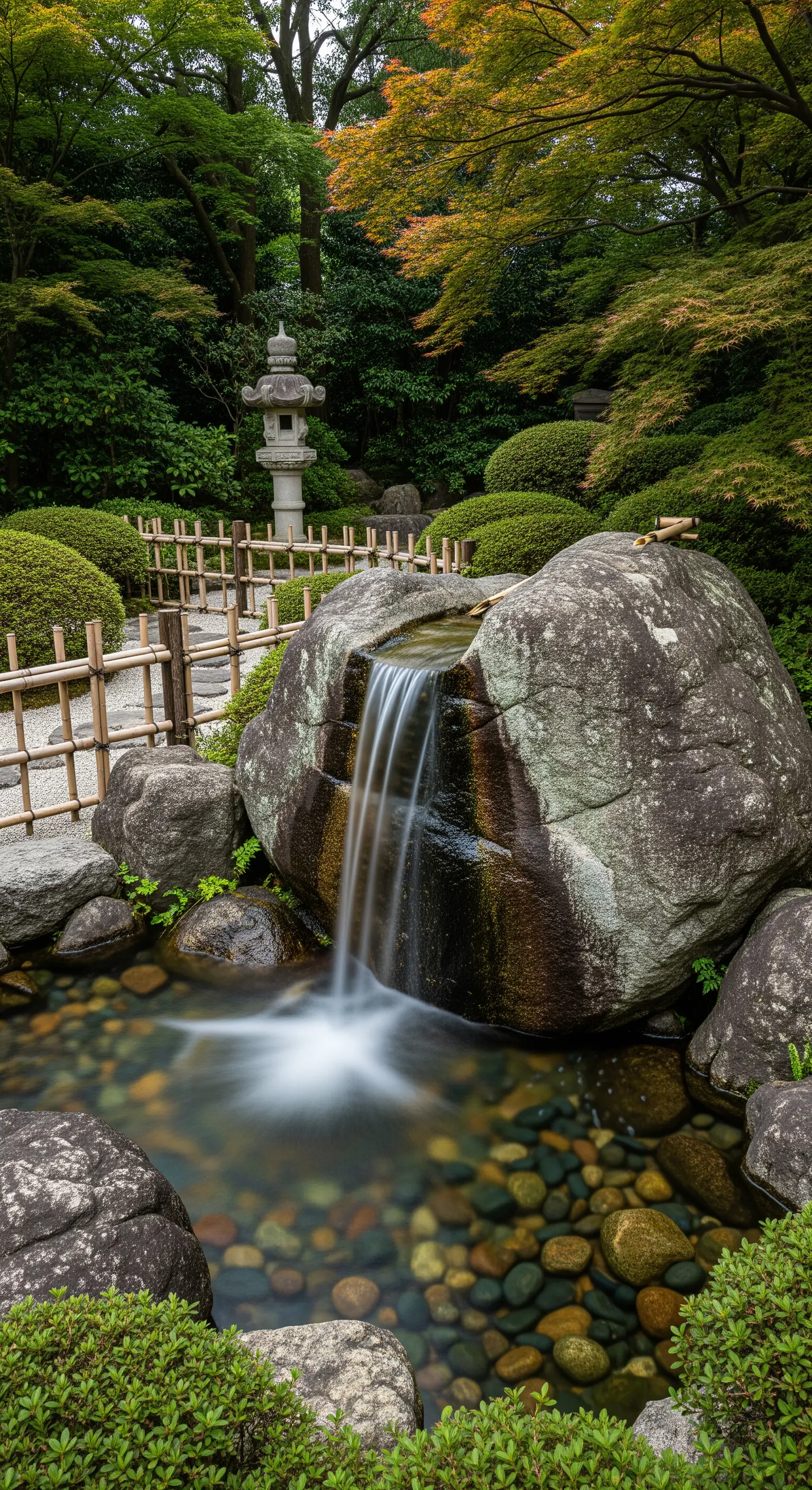 Piccola cascata che scorre da una grande roccia in un laghetto con ciottoli colorati.