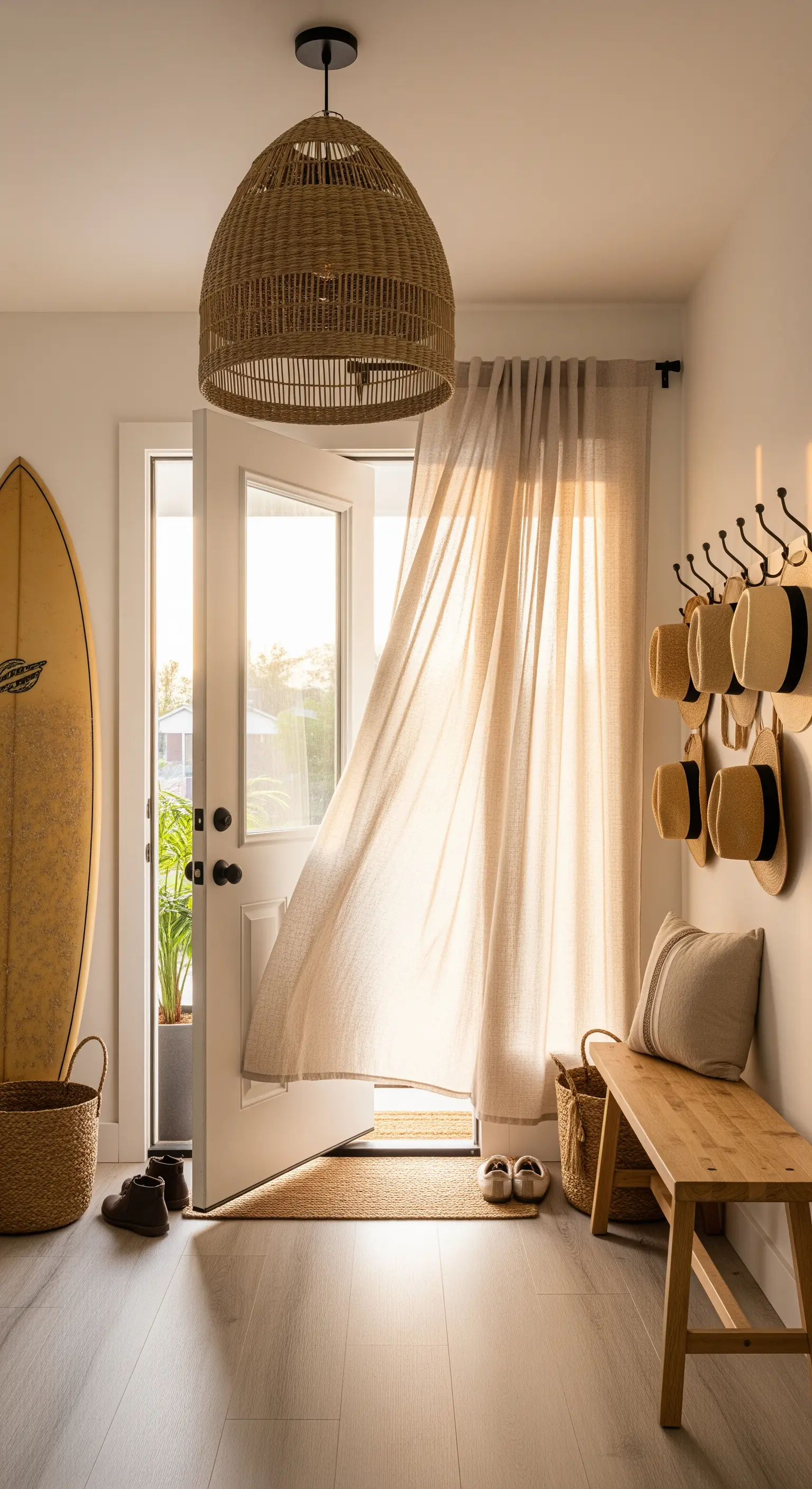 Ingresso con porta aperta, tenda in lino che fluttua al vento e un grande lampadario in rattan.