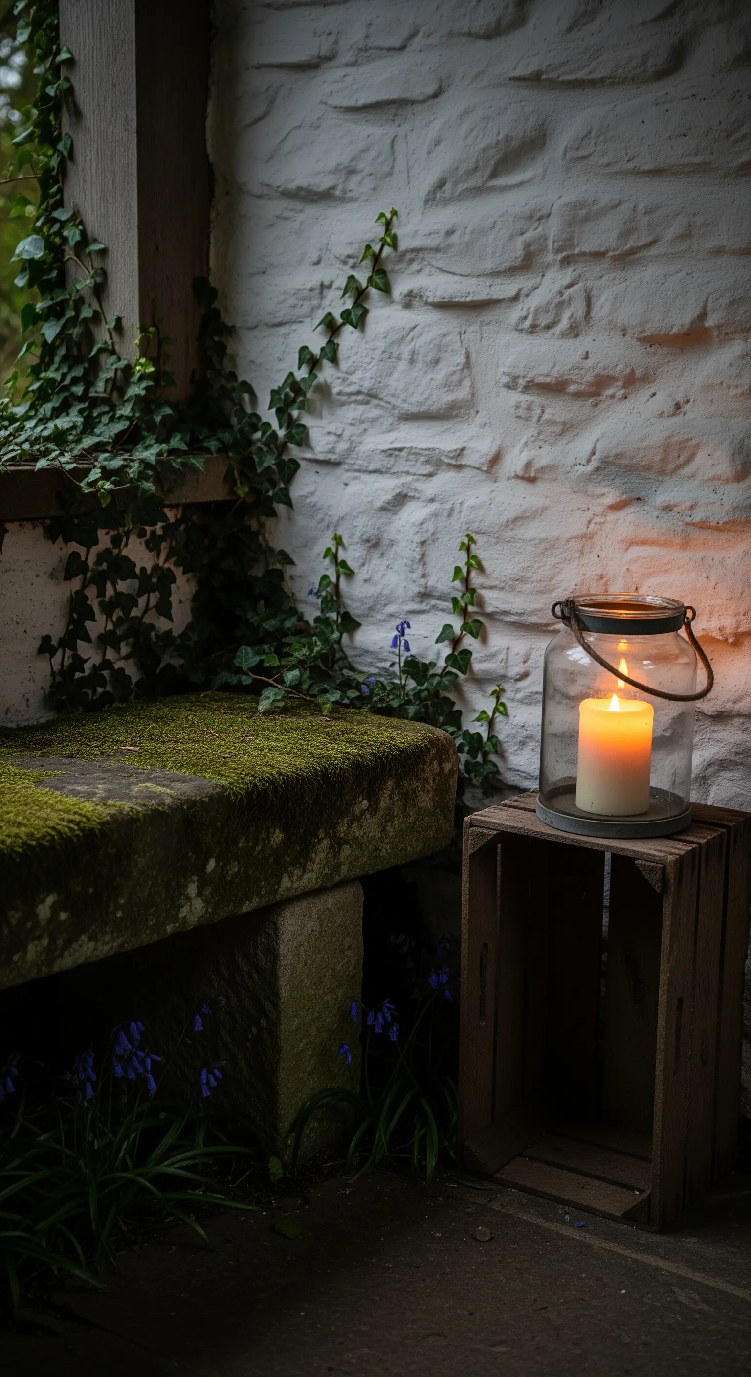 Vecchia panca in pietra coperta di muschio, con una candela accesa in un barattolo di vetro